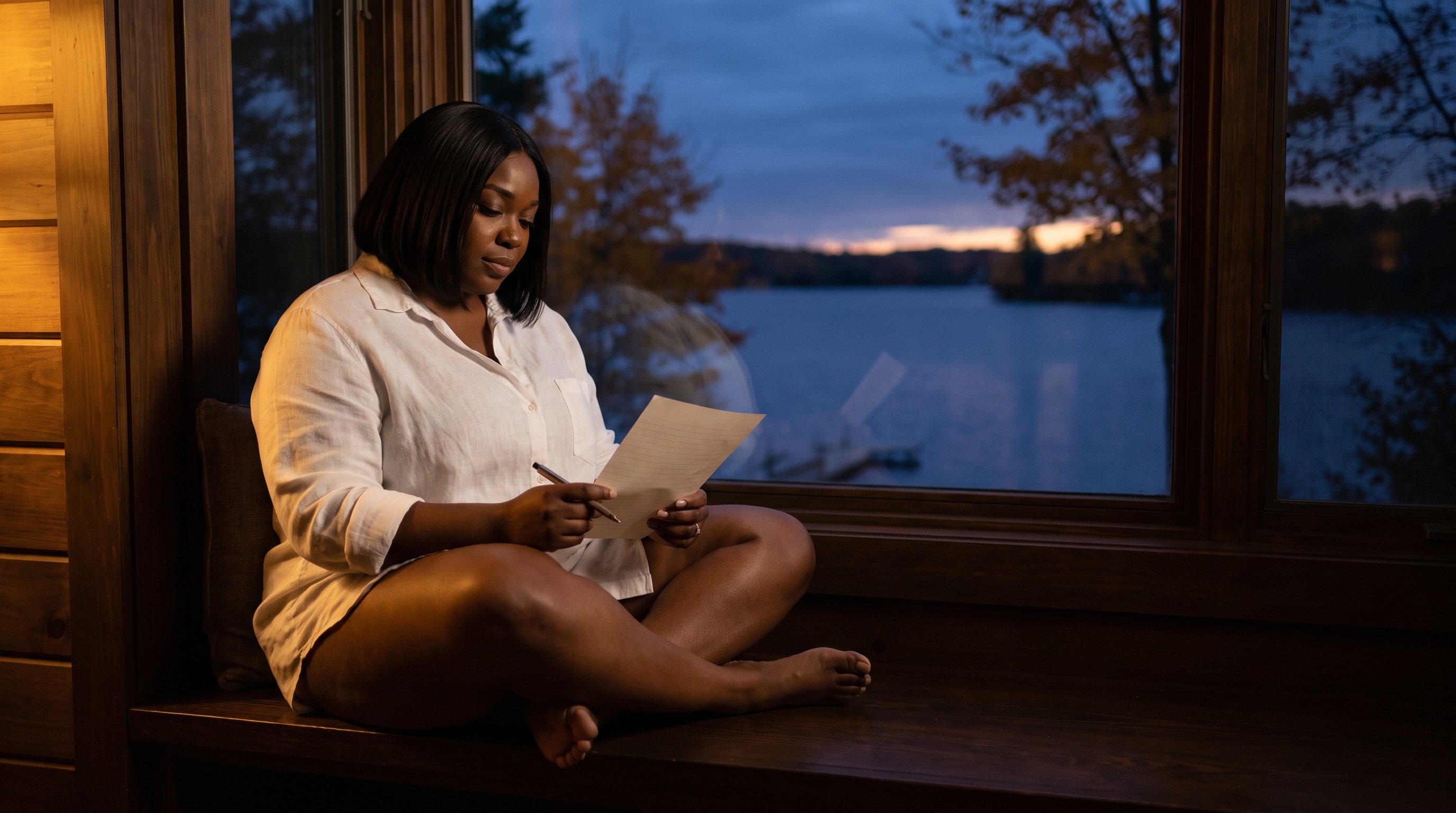 woman sitting cross-legged on a bed writing in a notebook at dusk