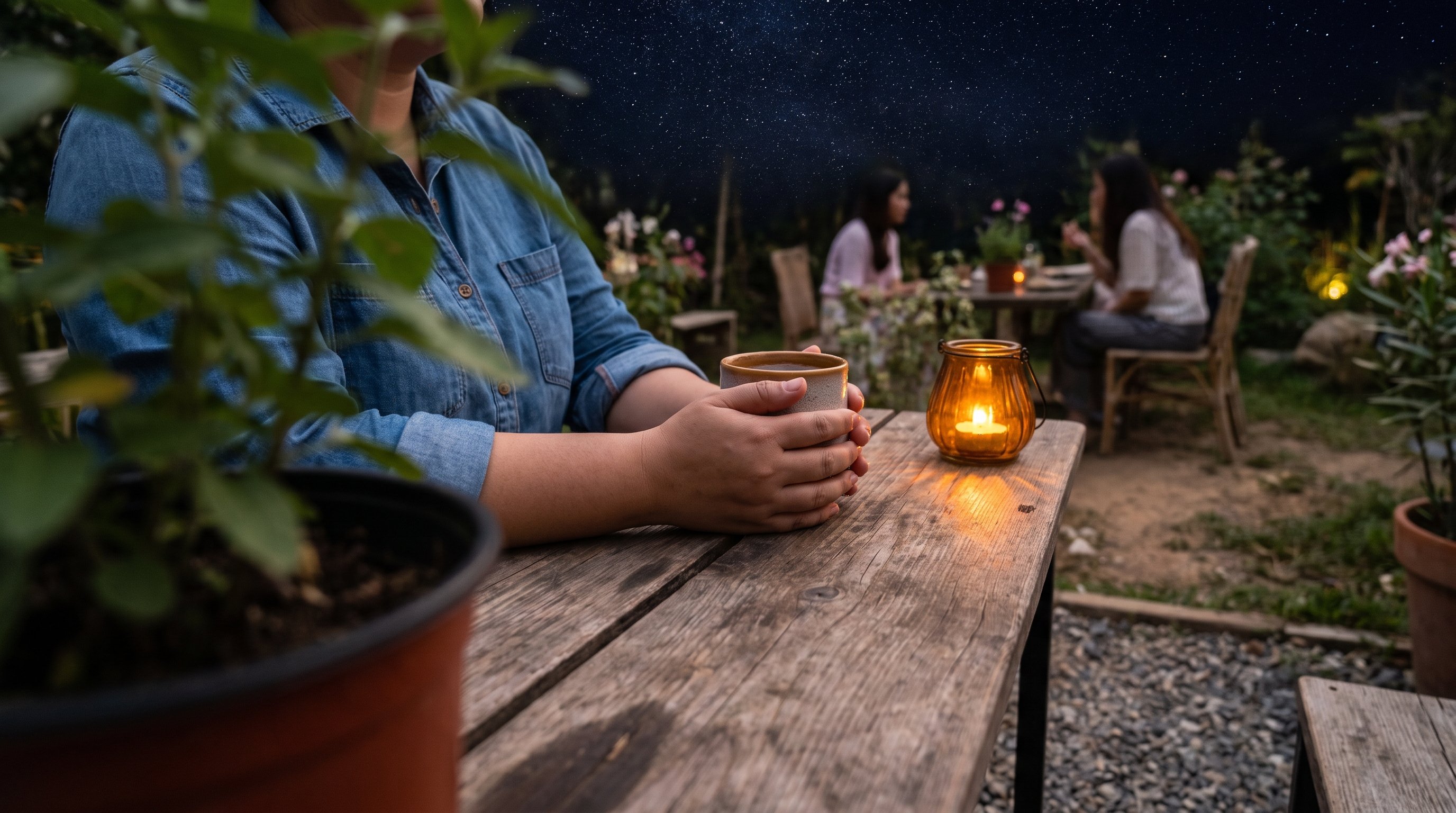 A reflective woman in her 30s at a cafe table in the evening