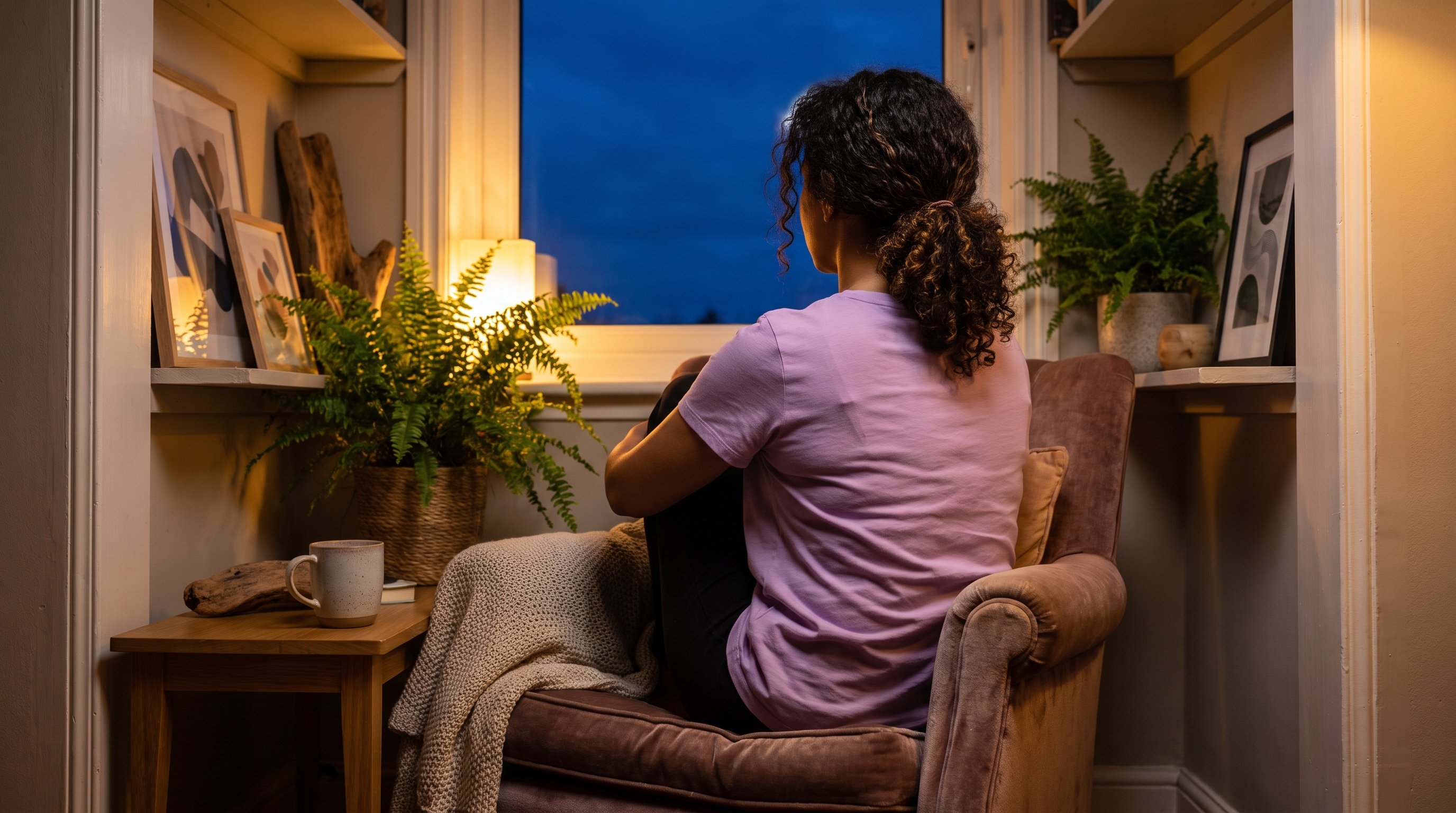 A reflective woman in her 30s in a cozy reading nook in the evening