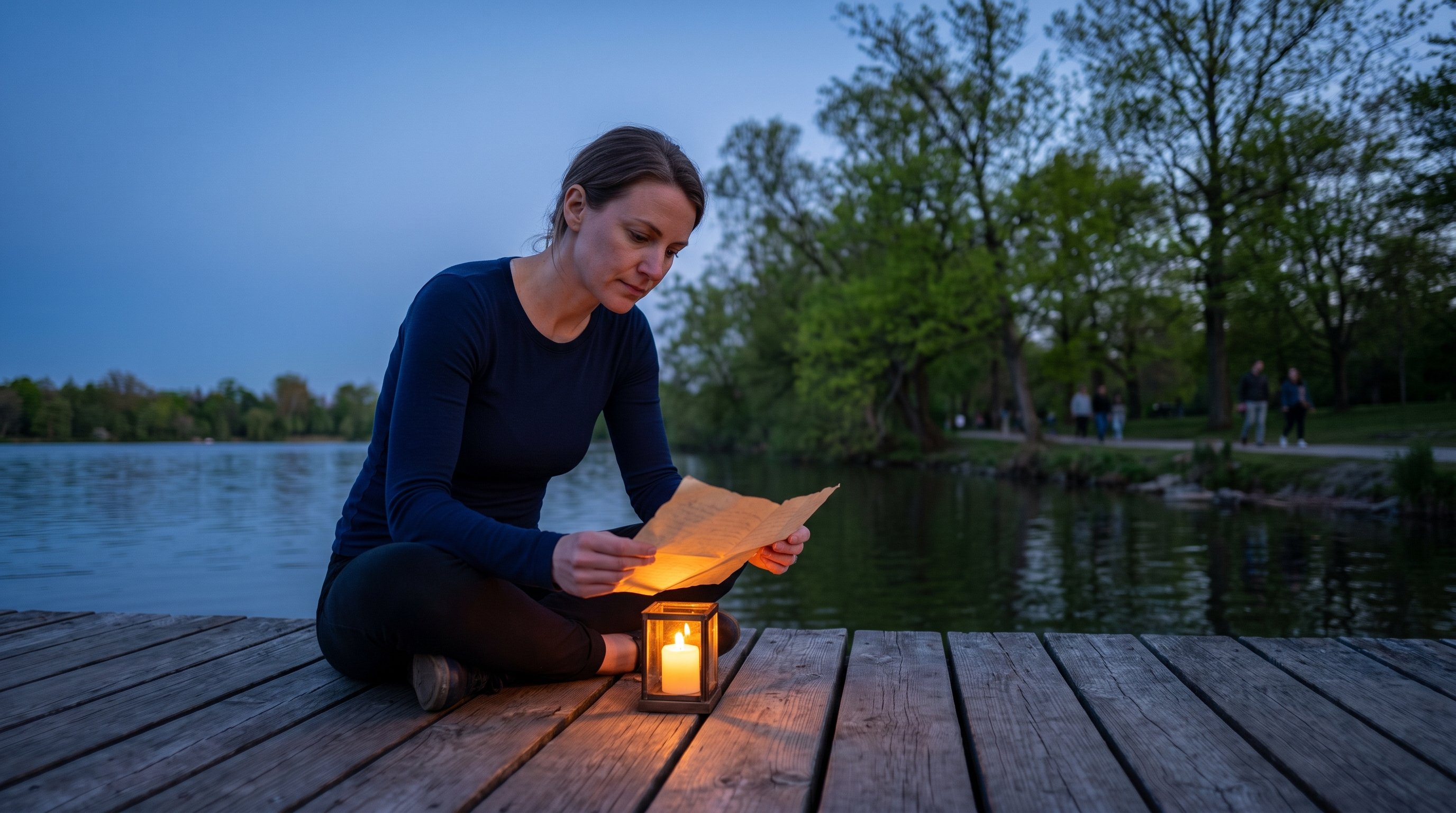A reflective woman in her 30s reading by candlelight in the evening