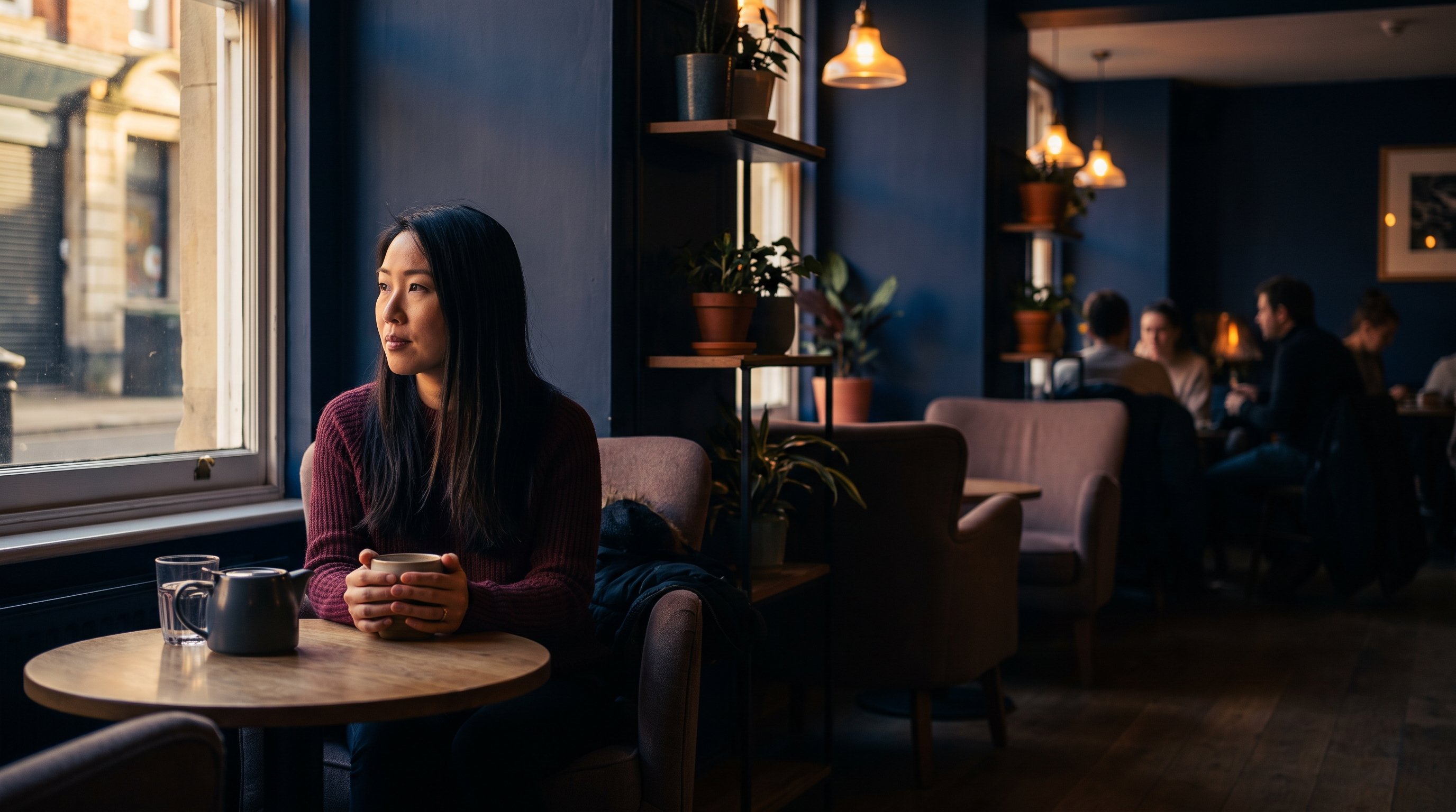A reflective woman in her 30s at a cafe table in the evening