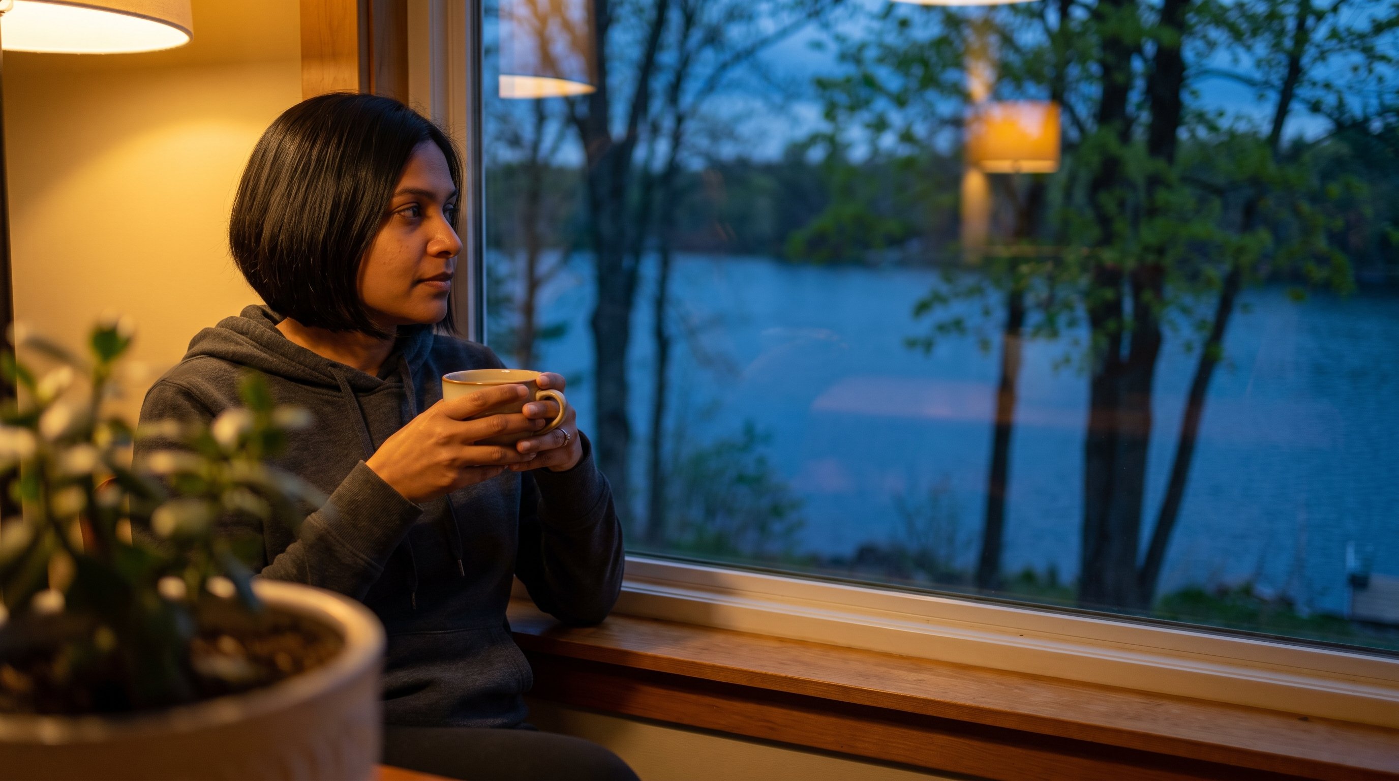 A reflective woman in her 30s sitting by a window at night with a cup of tea