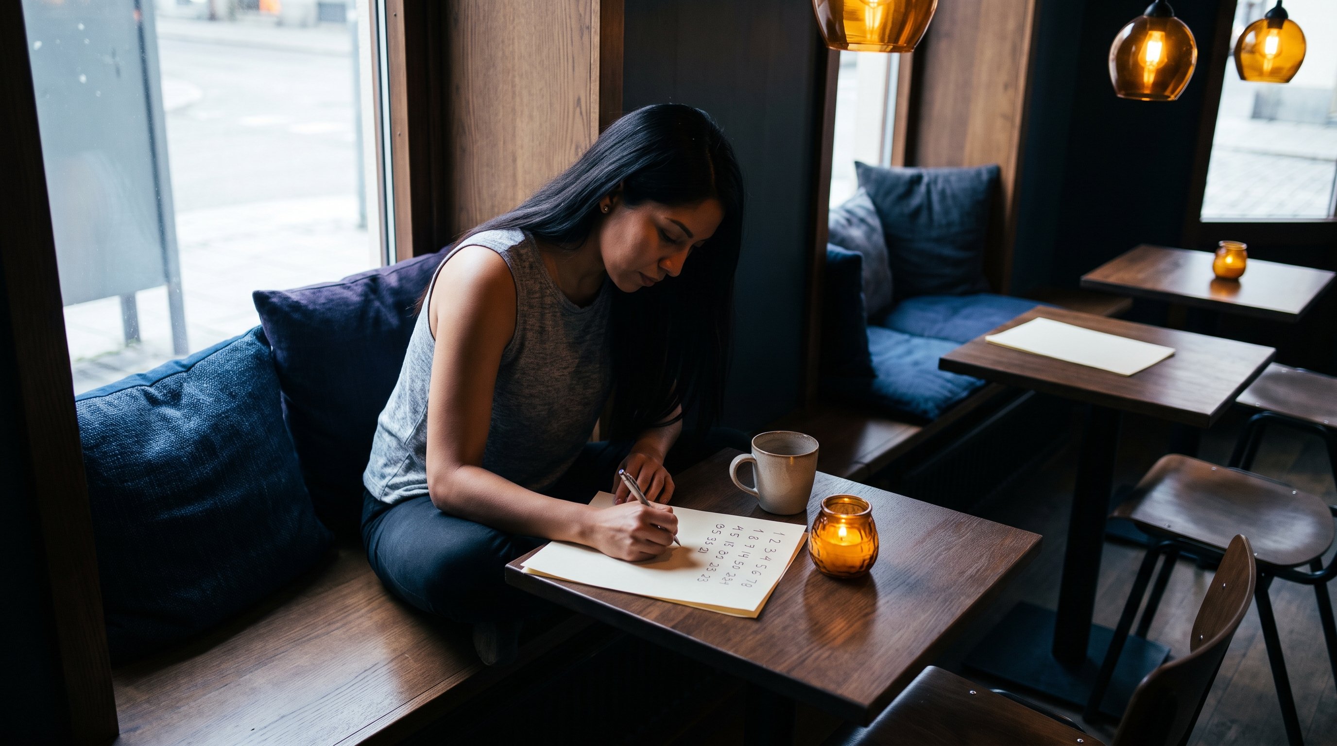 person writing numbers on paper next to open notebook
