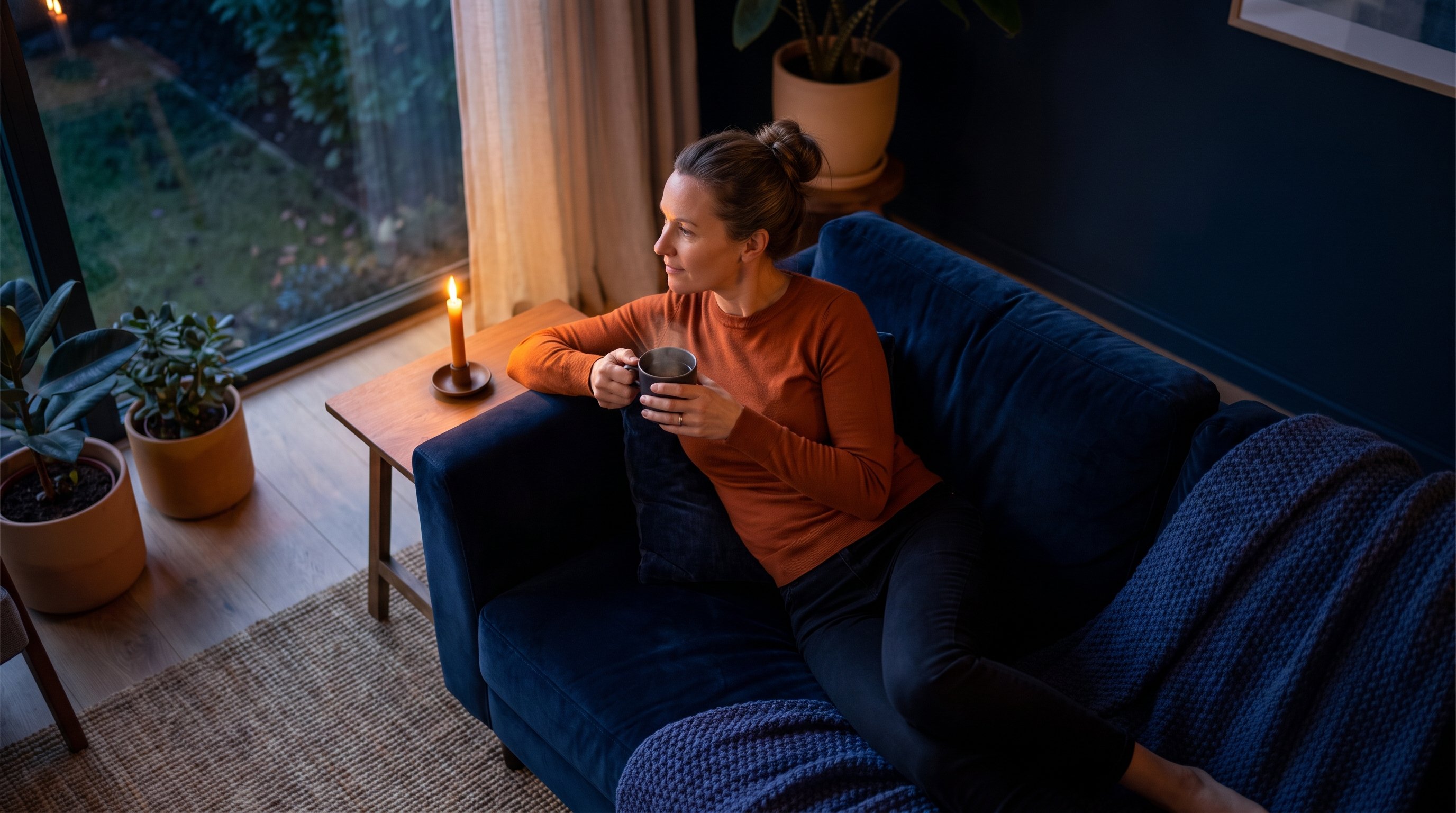 person flipping through pages of a book on a sofa in the evening
