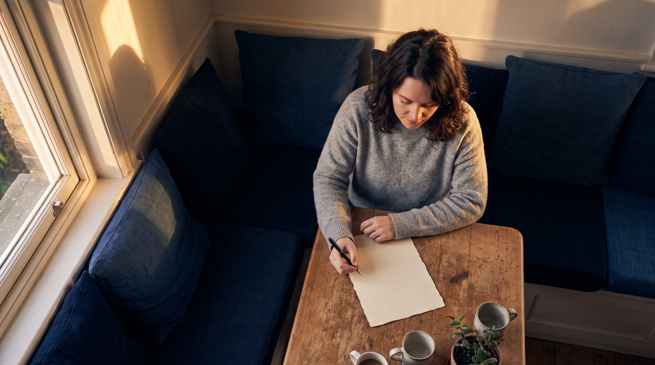 woman reviewing handwritten notes at a wooden desk