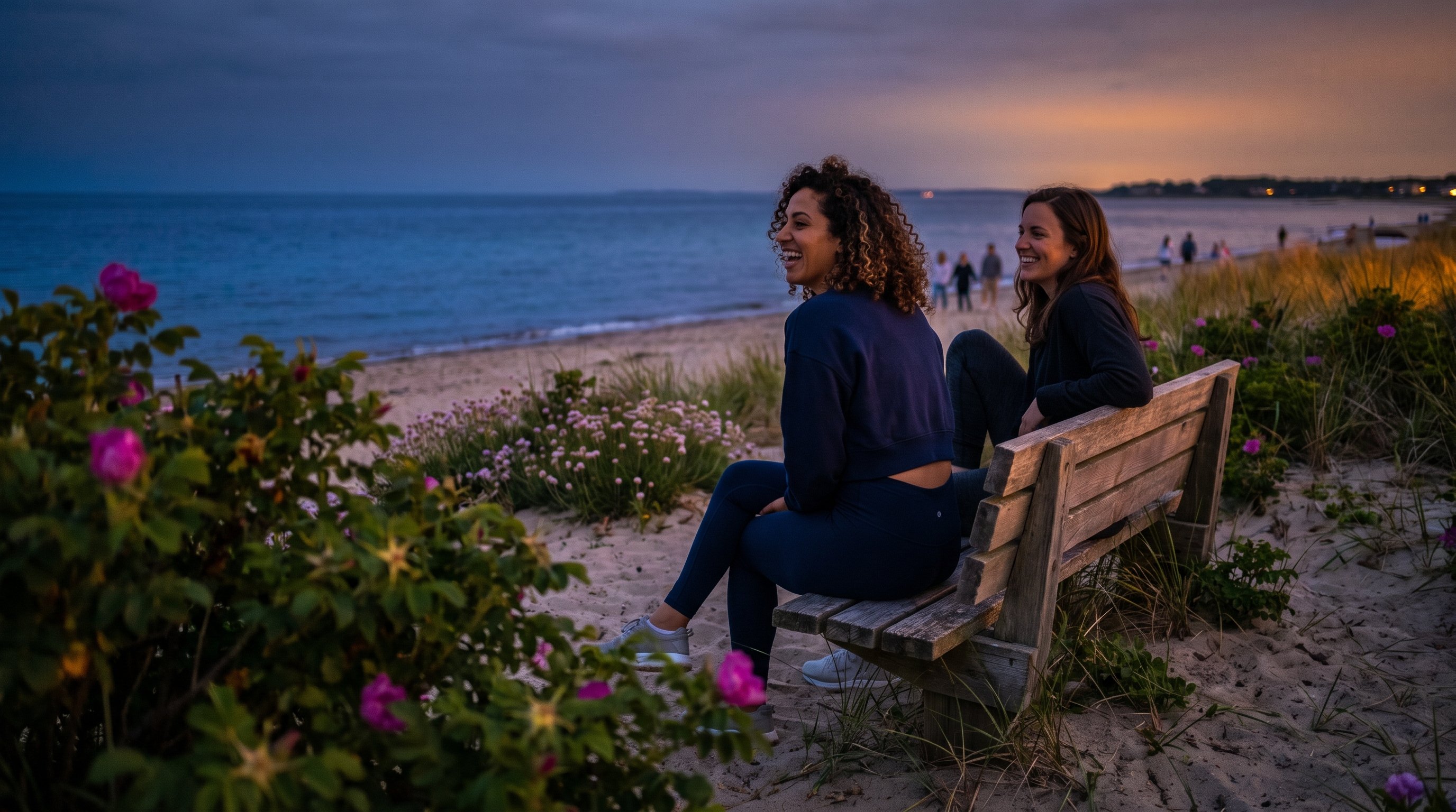 two people laughing together on a park bench