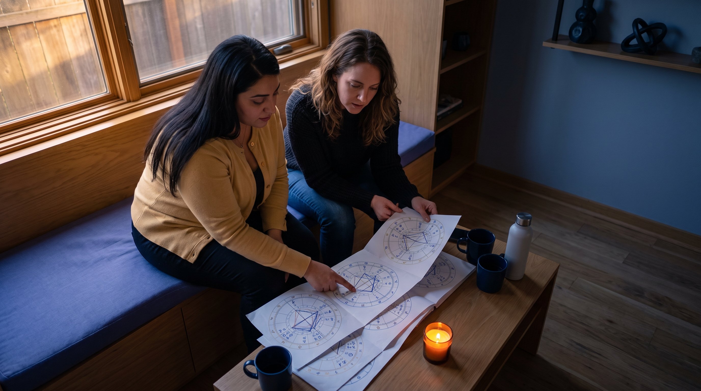 couple reading printed astrology charts together on a sofa