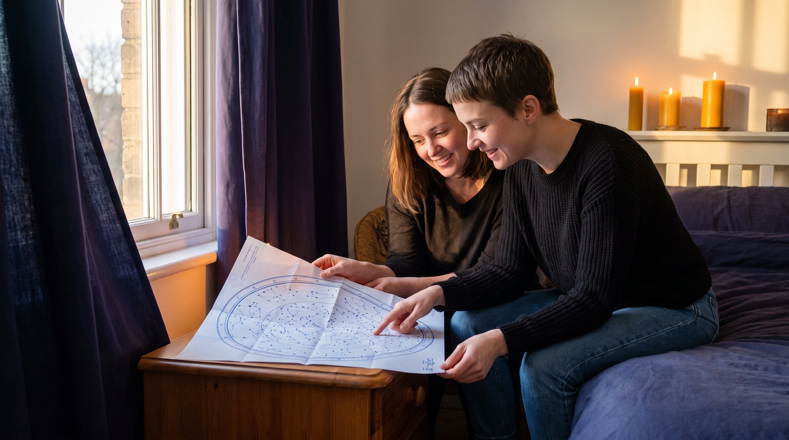 two people sitting across a table comparing handwritten charts