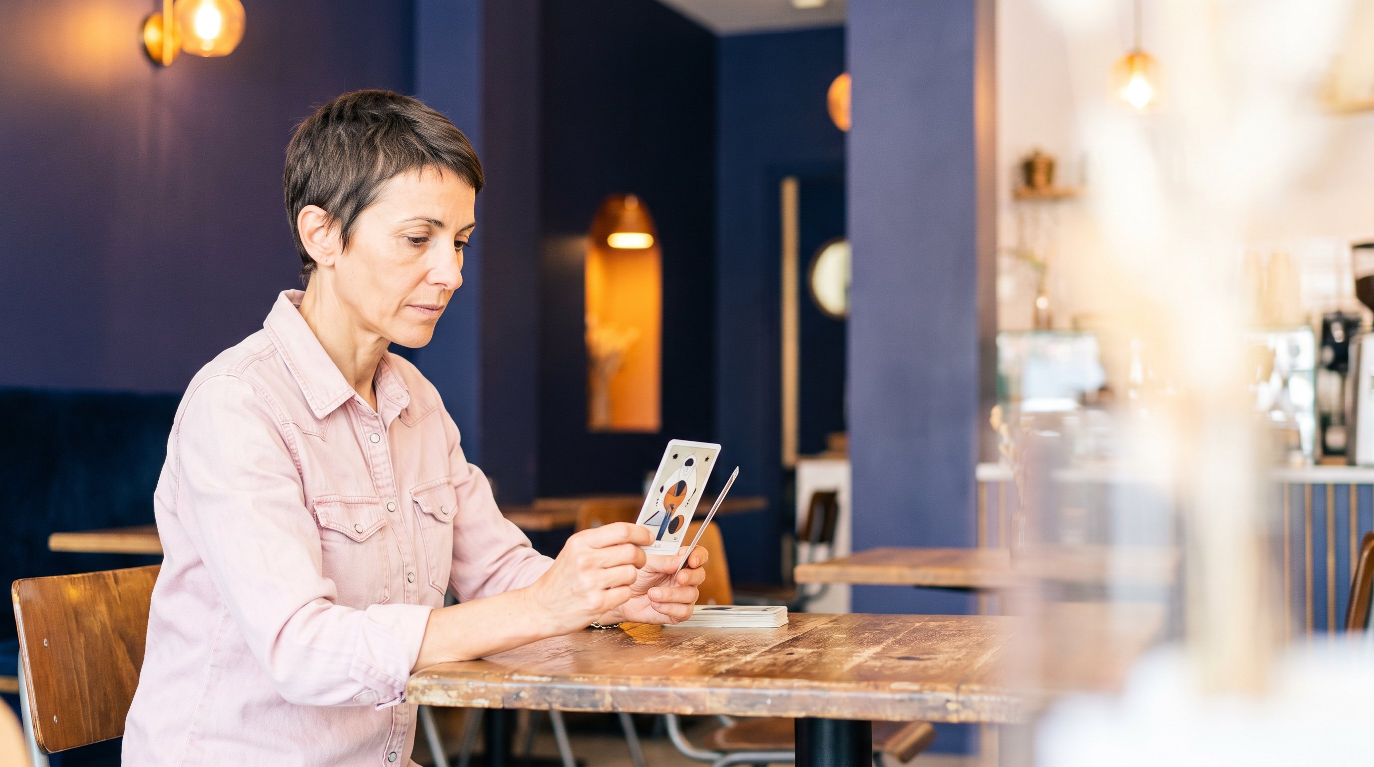 person pulling a single tarot card at a kitchen table in the morning