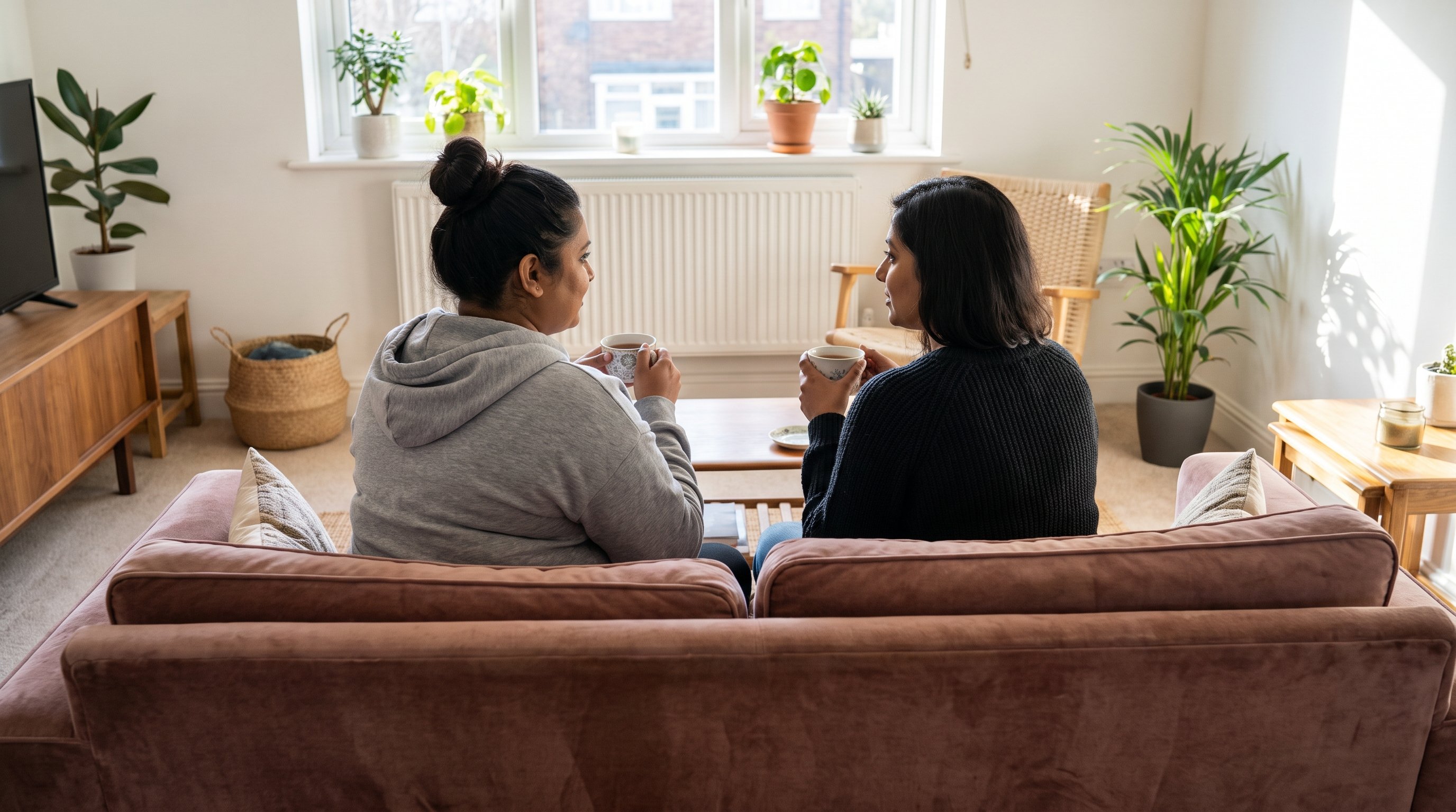 couple sitting on a sofa looking at a notebook together