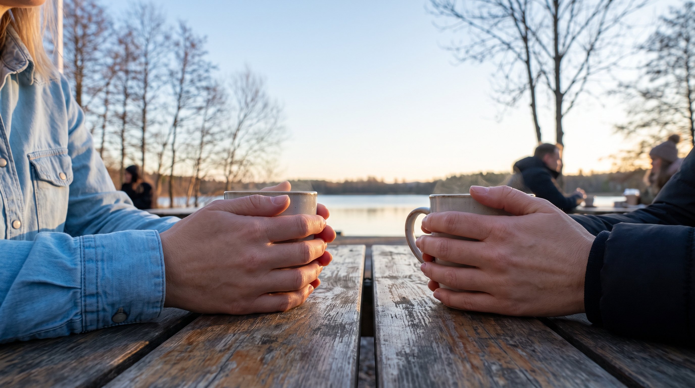 two people comparing notes over coffee at a kitchen table