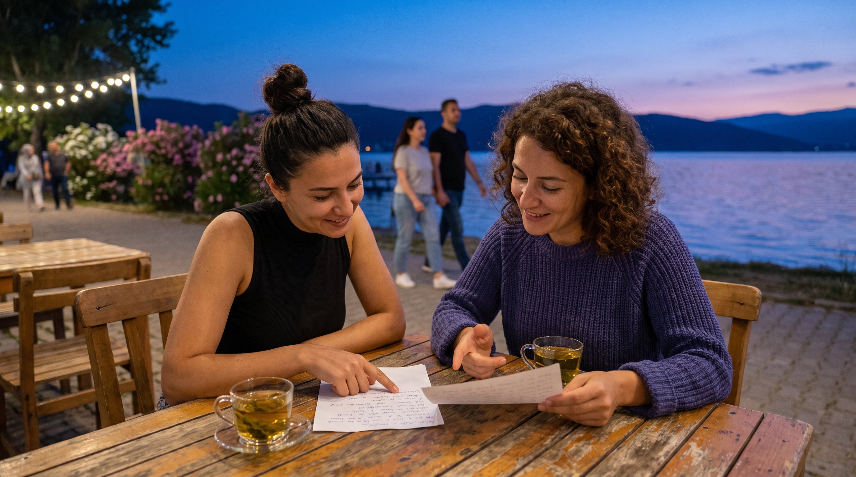 two people comparing handwritten notes about planet positions at a kitchen table