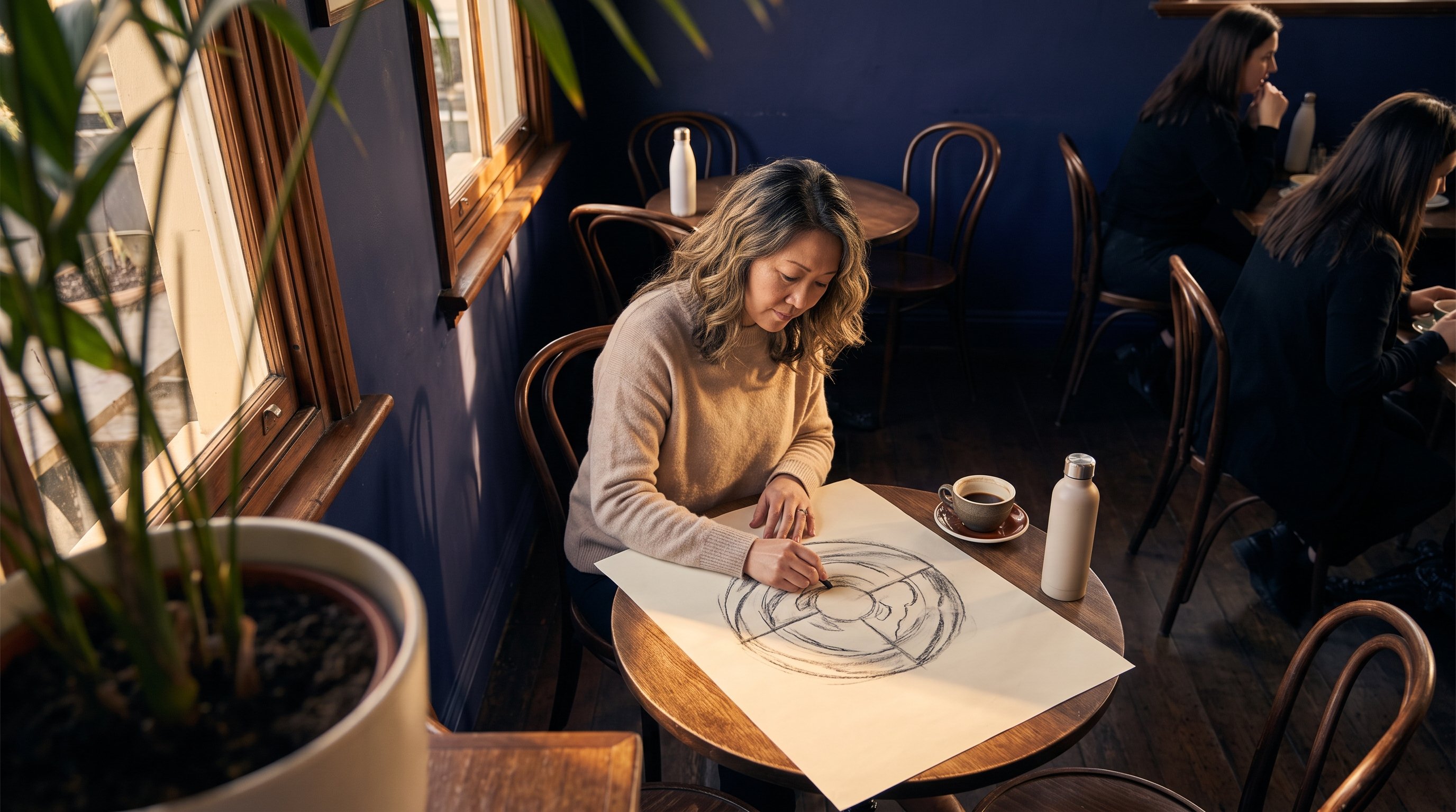 woman sketching a circular chart with sections labelled by hand