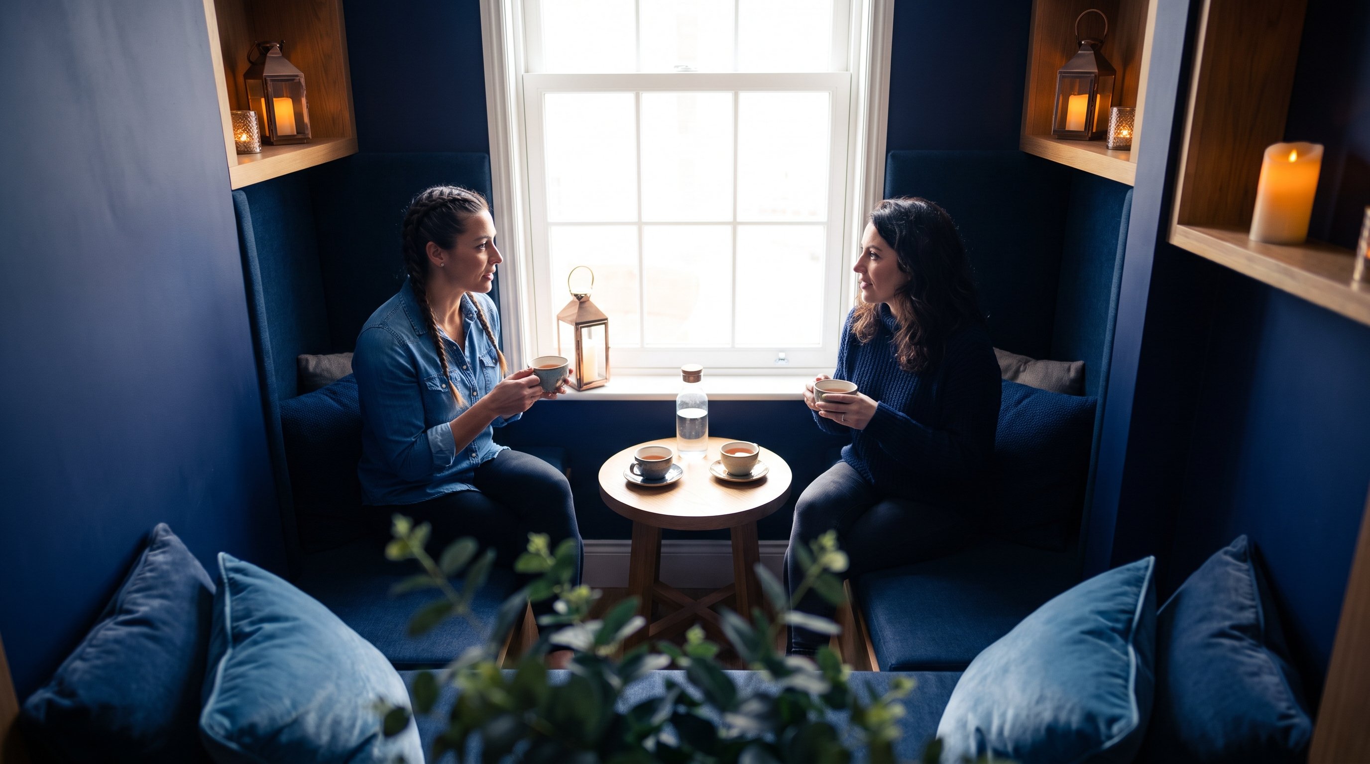 two friends writing notes in journals at a cafe table