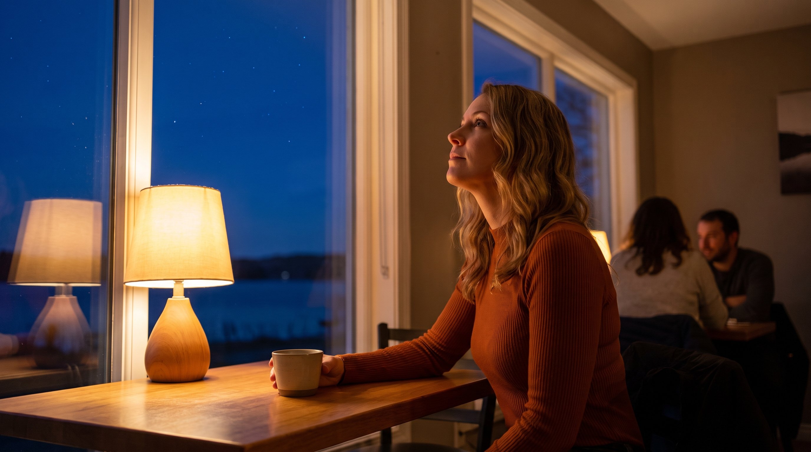 A reflective woman in her 30s looking up at a starry sky by a lake at dusk