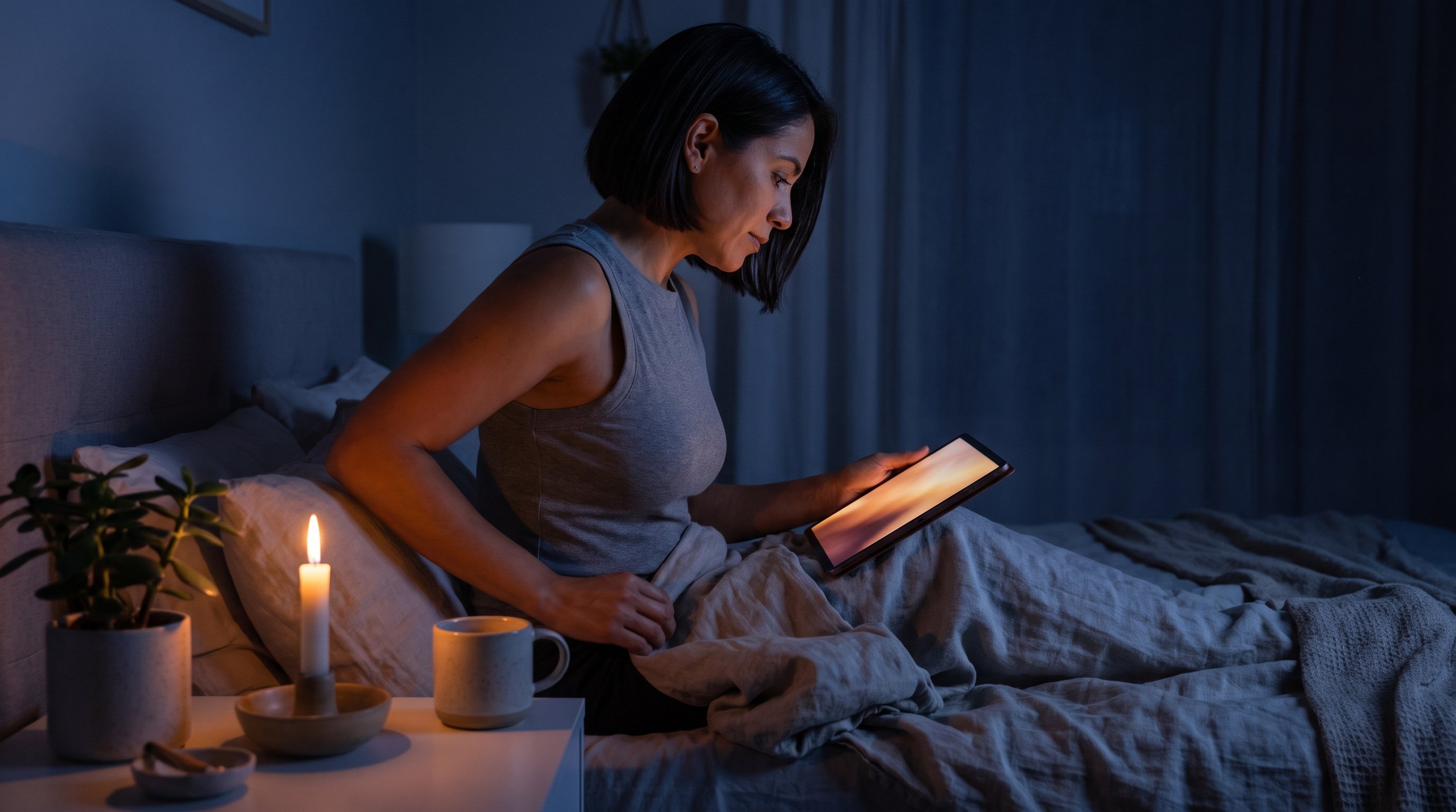 A reflective woman in her 30s reading by candlelight in the evening