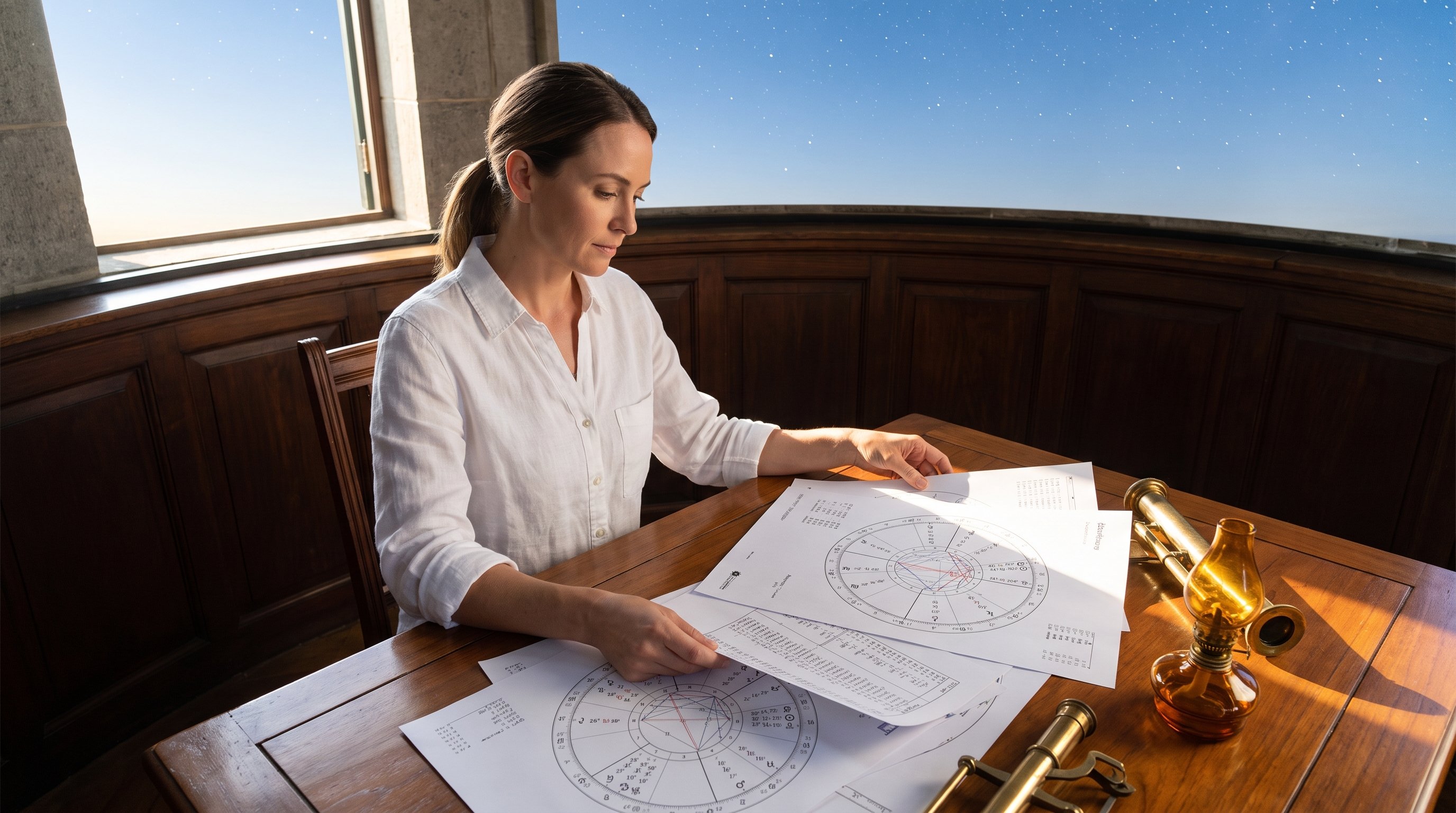 person flipping through a printed birth chart booklet at a desk