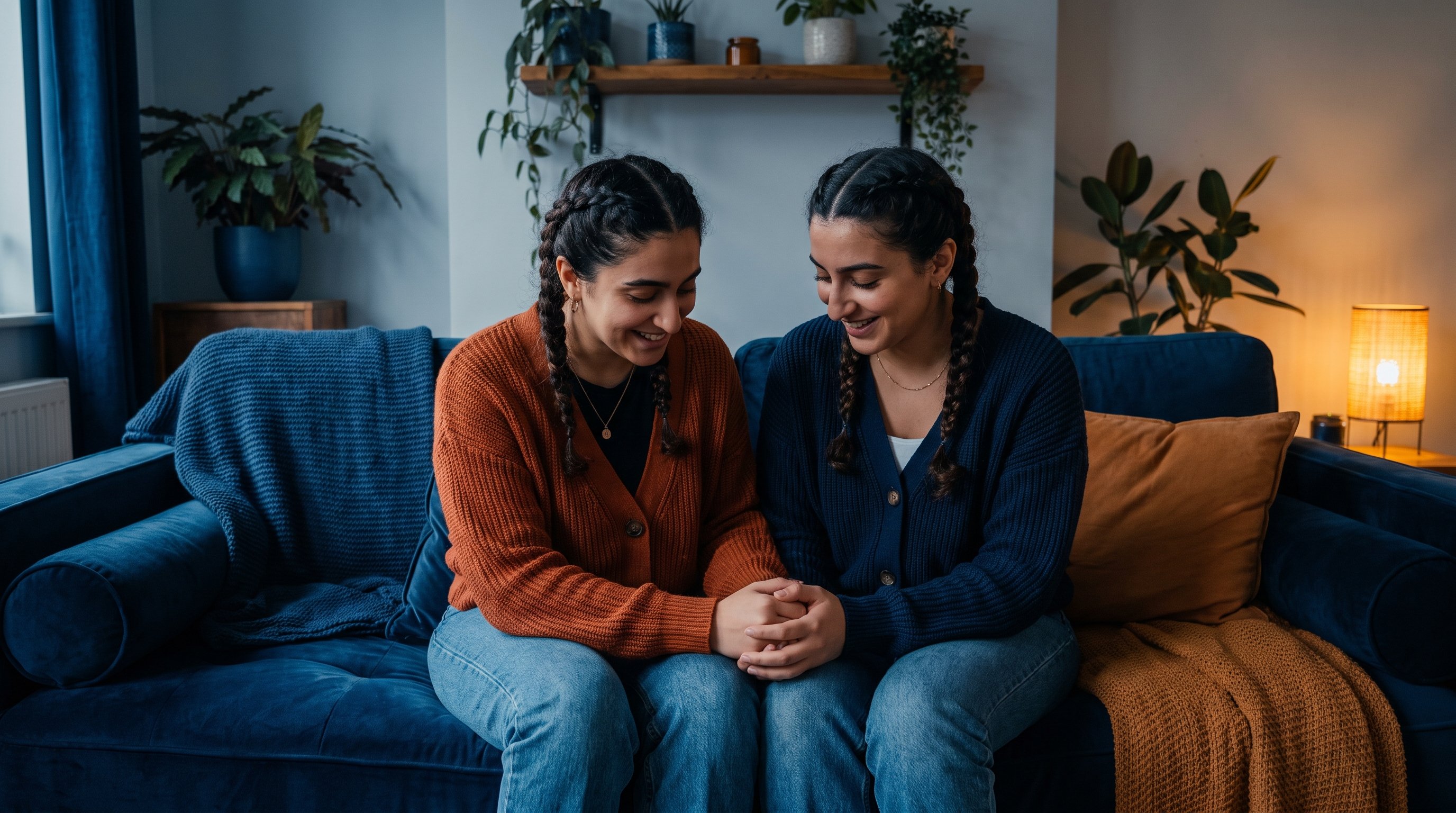 couple sitting on a sofa looking at a notebook together