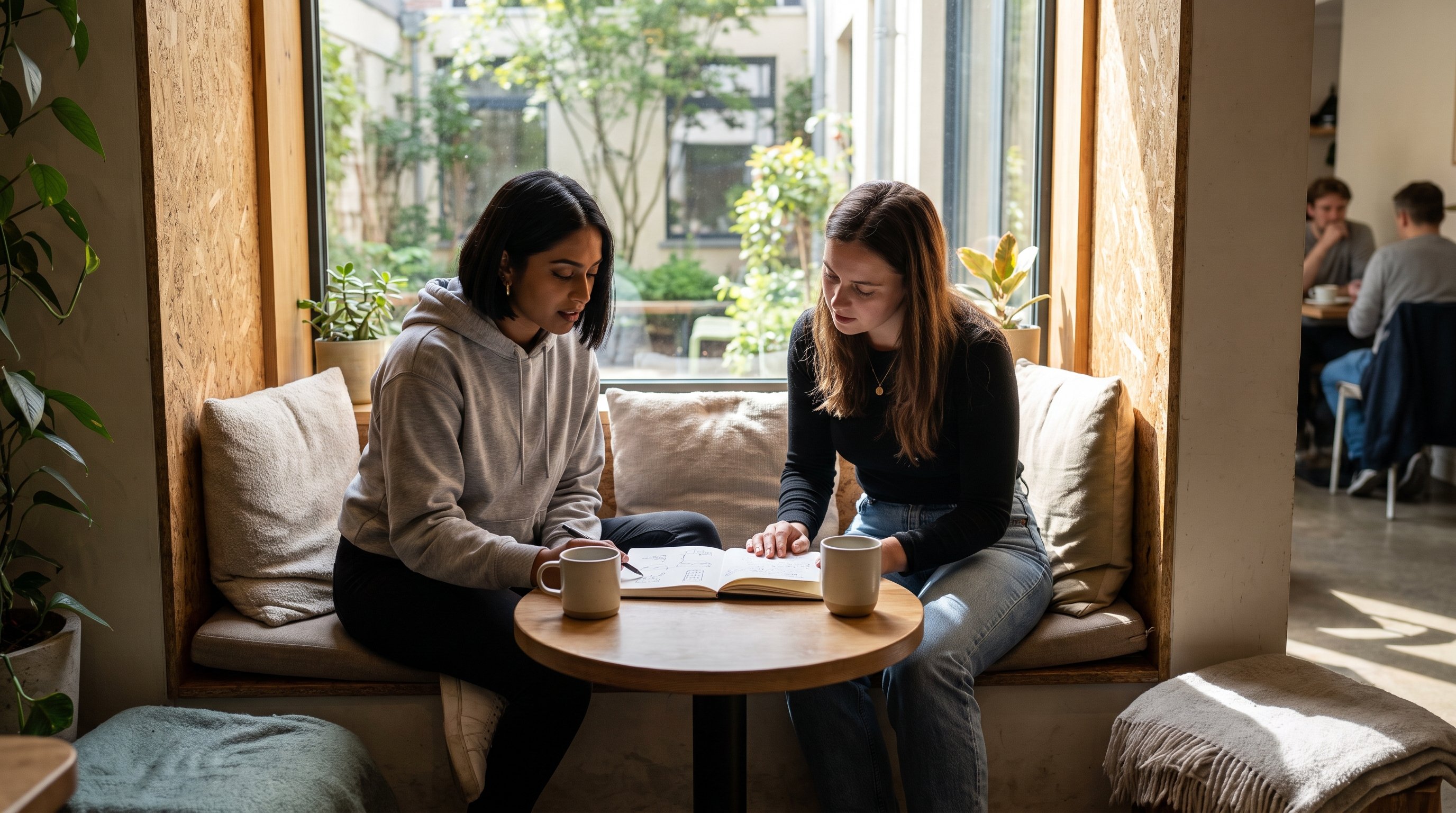 two people comparing notes over coffee at a small table