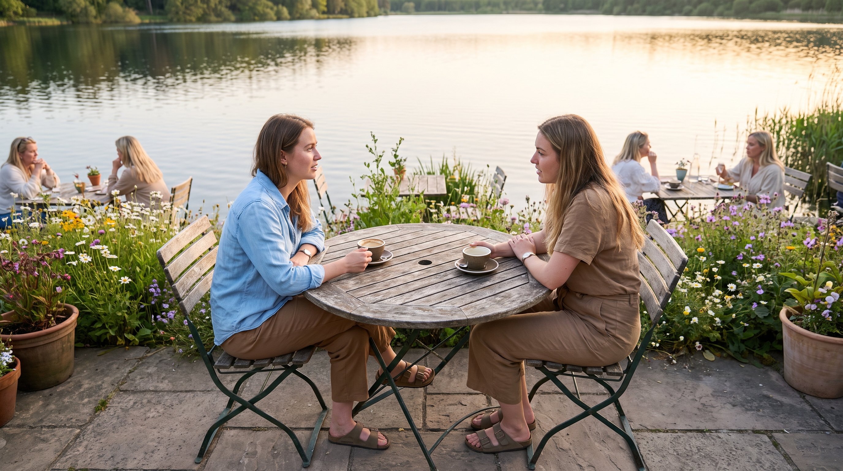 two people comparing notes over coffee at a kitchen table