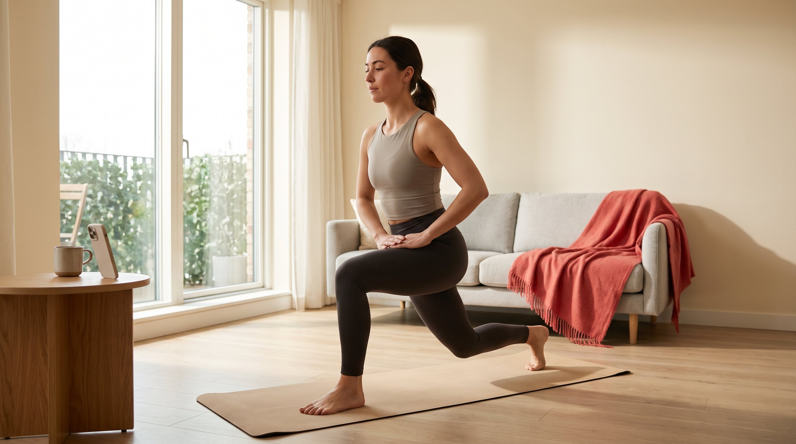 a man doing a no-equipment bodyweight workout in a bright apartment