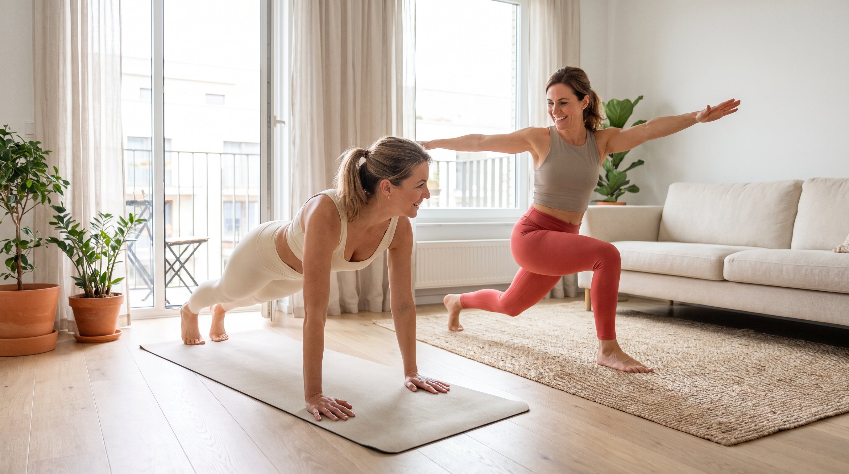 two friends exercising together at home