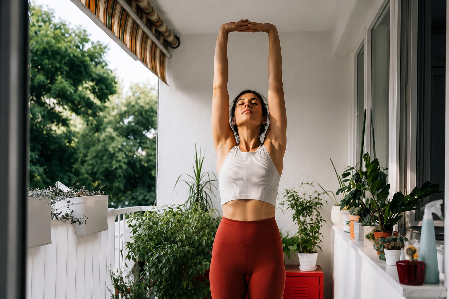 nord-pilates-woman-overhead-arm-stretch-balcony-outdoor-morning-pilates-warmup