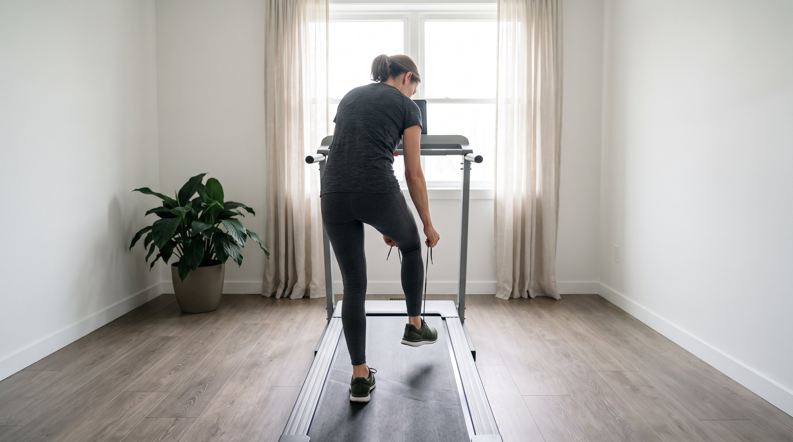 person checking treadmill incline settings before walking