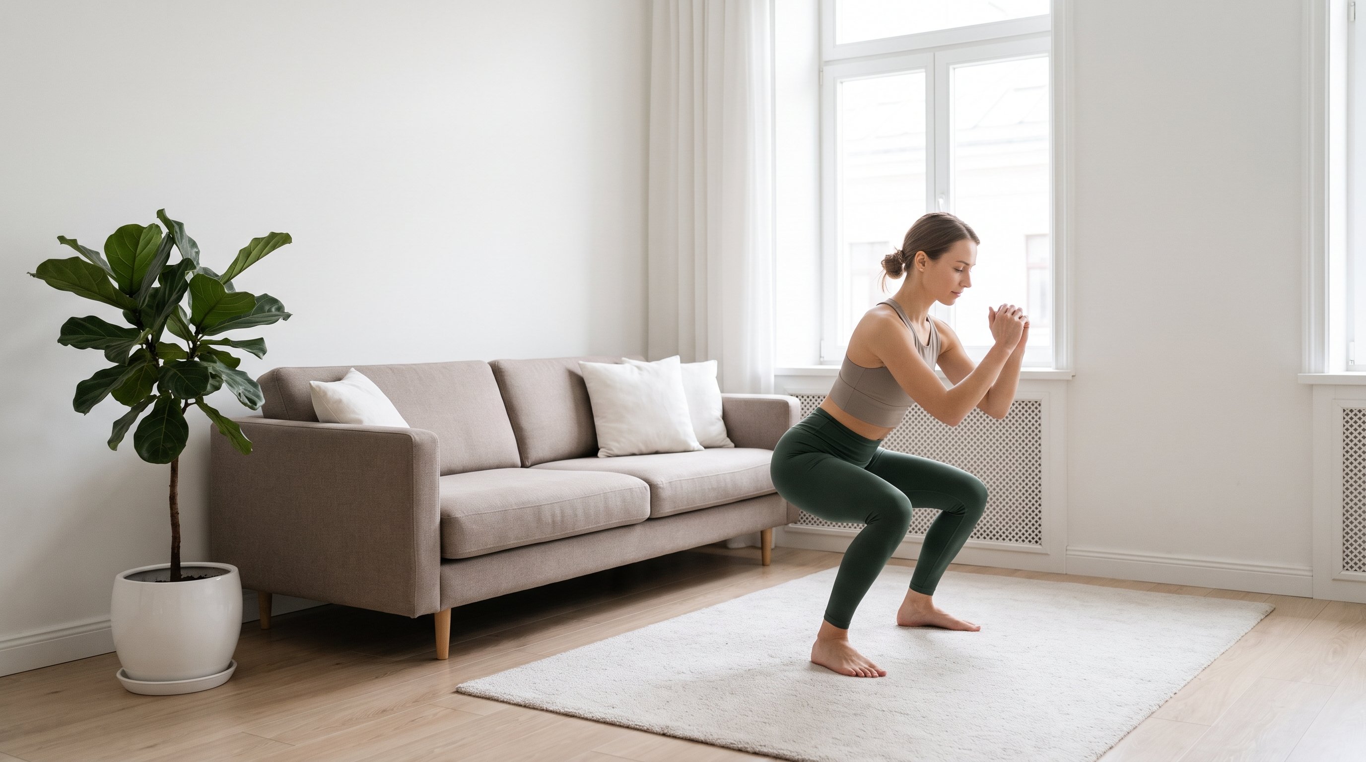 person doing bodyweight squats in living room
