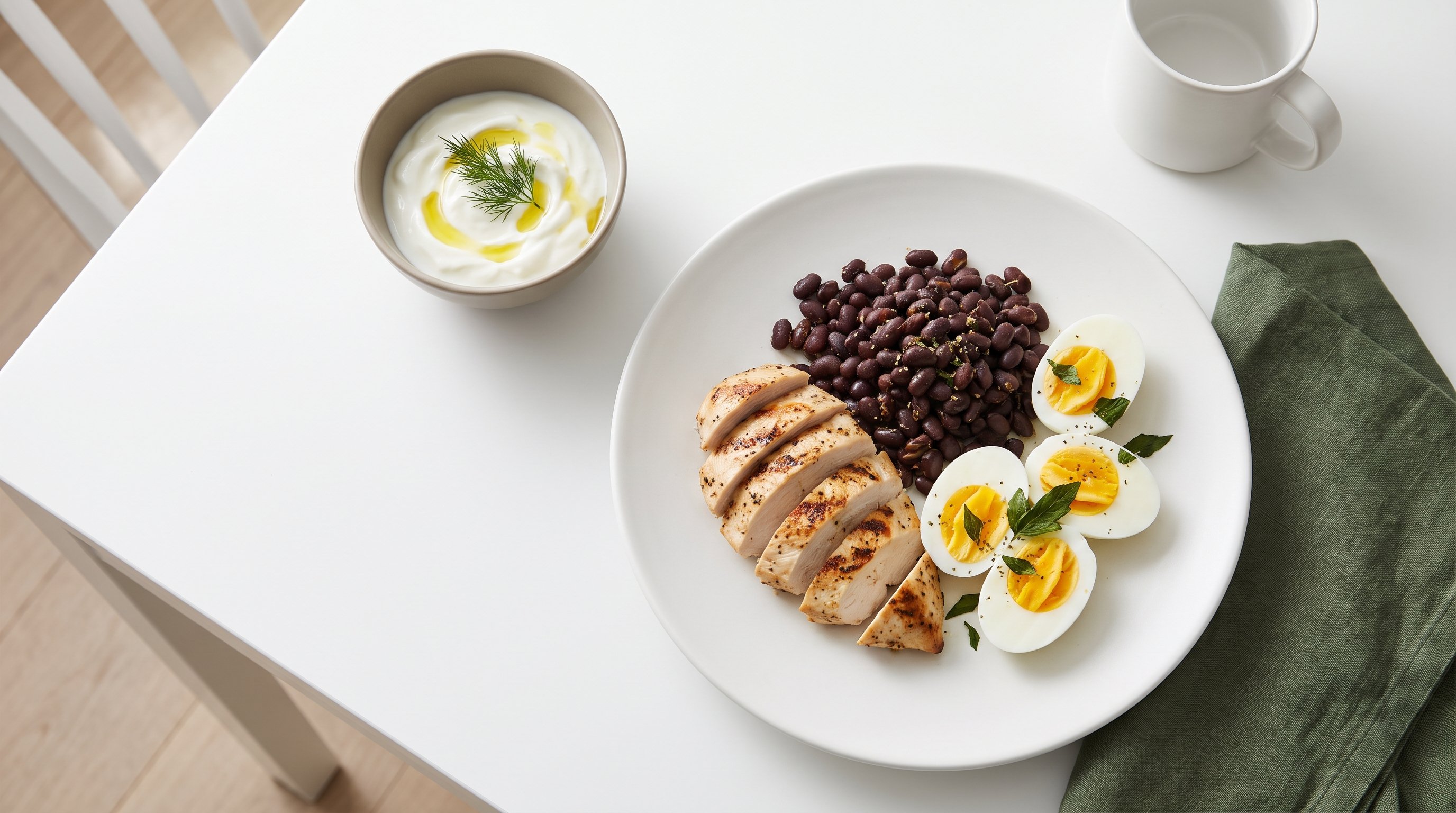 grilled chicken, beans, eggs and yoghurt on a kitchen table