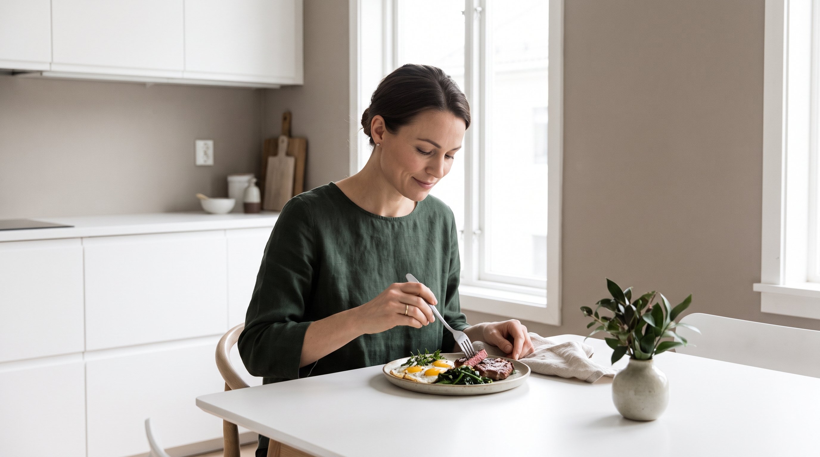 A composed woman in her 40s eating a plate of steak, eggs and greens at a calm white dining table