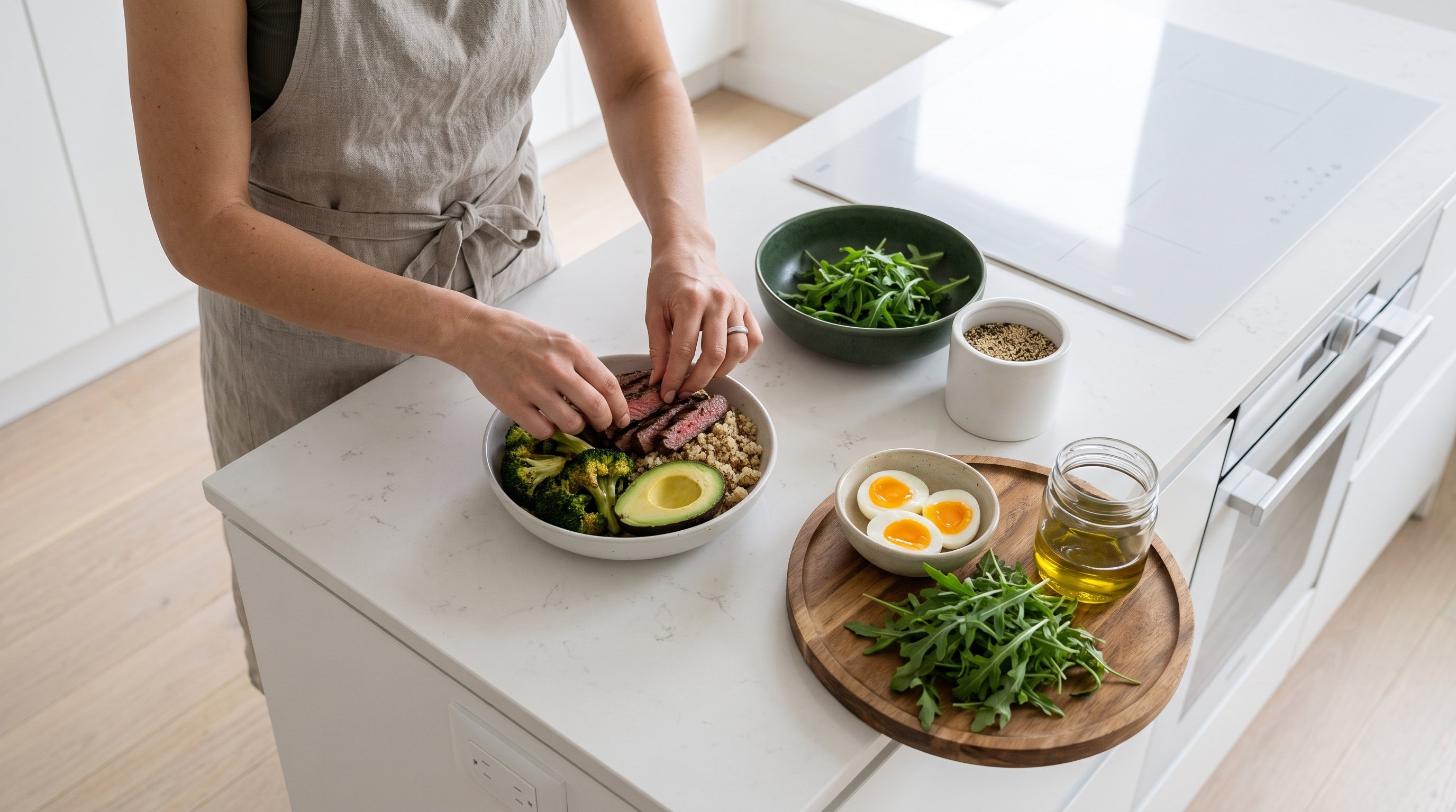 A composed woman in her 40s preparing a lean protein bowl in a modern uncluttered kitchen