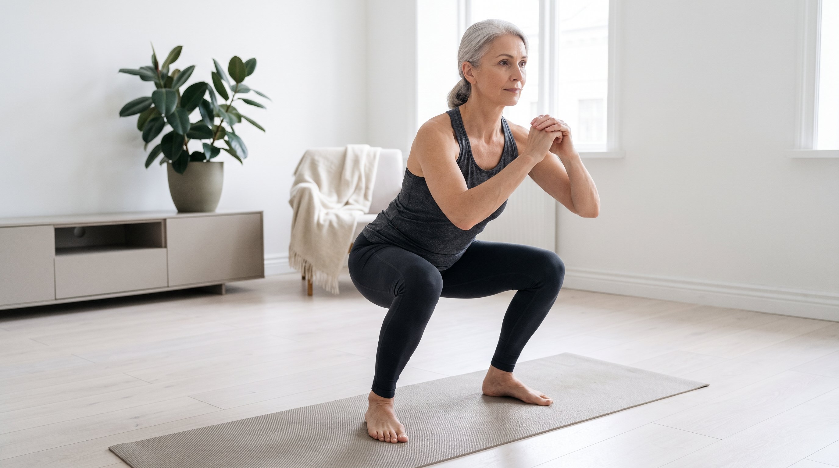 older adult doing bodyweight squats in a living room