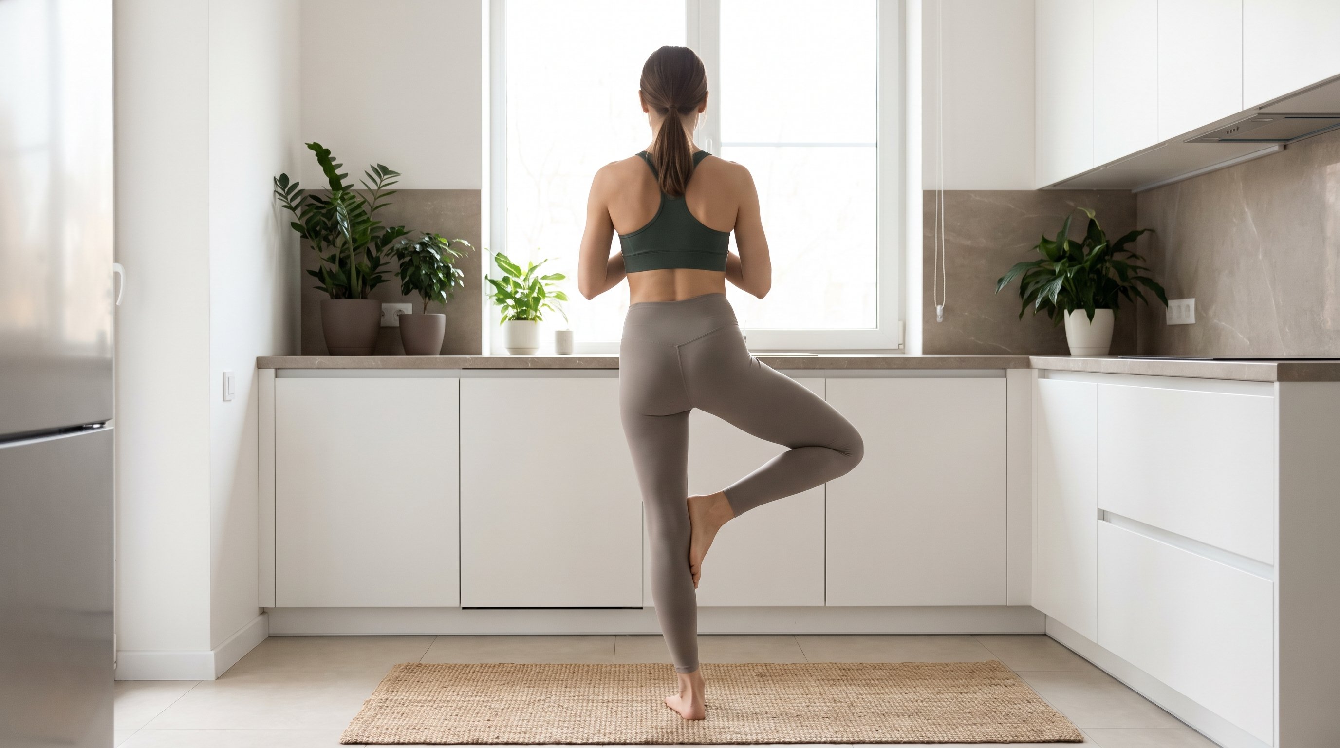 person doing balance exercise on one leg in a kitchen