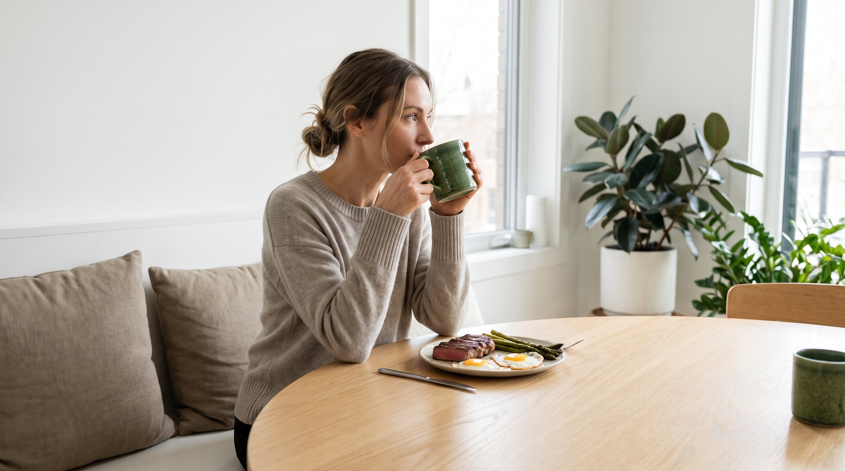 woman drinking peppermint tea at a kitchen table