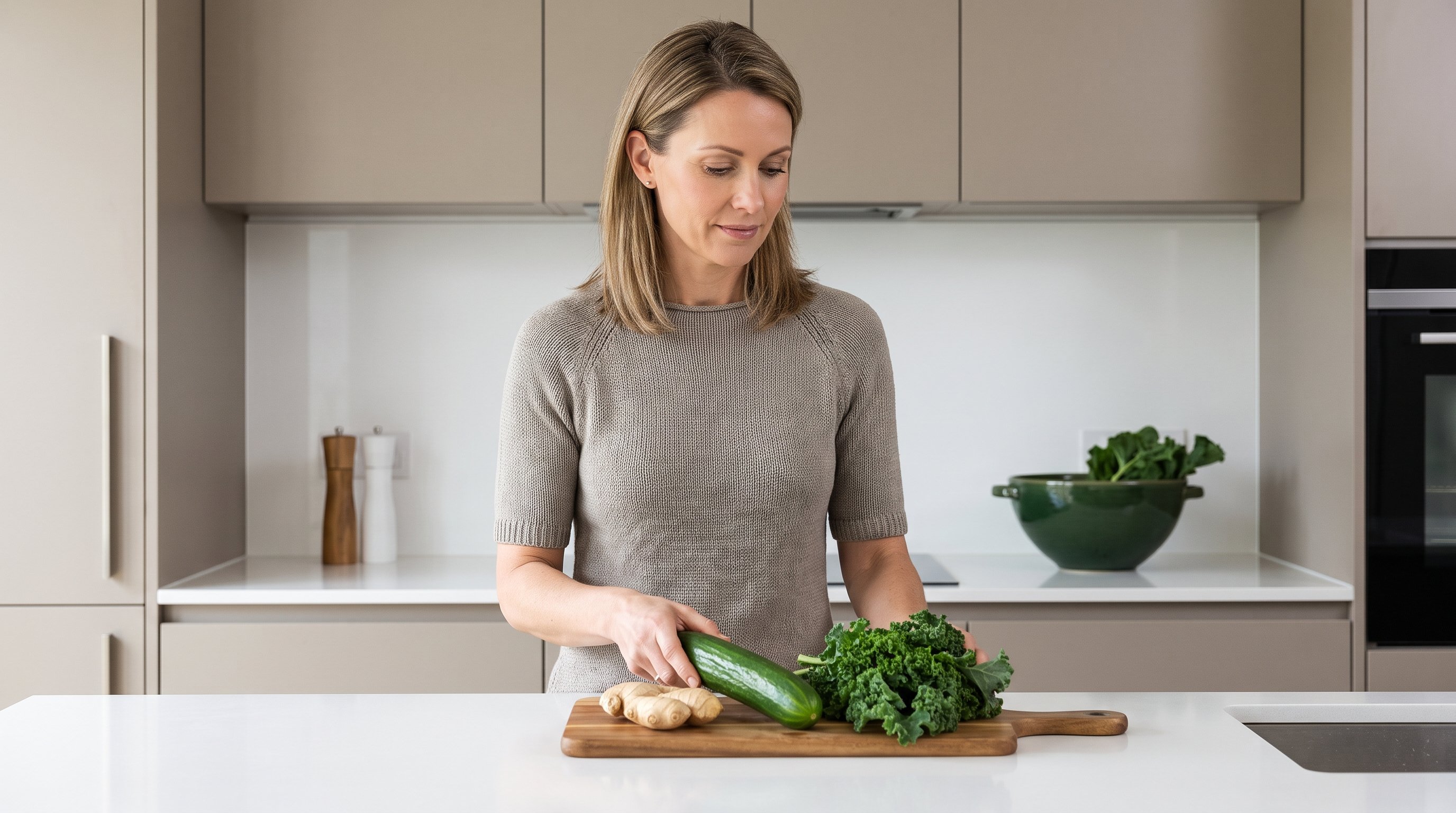 person slicing cucumber and ginger on a kitchen counter