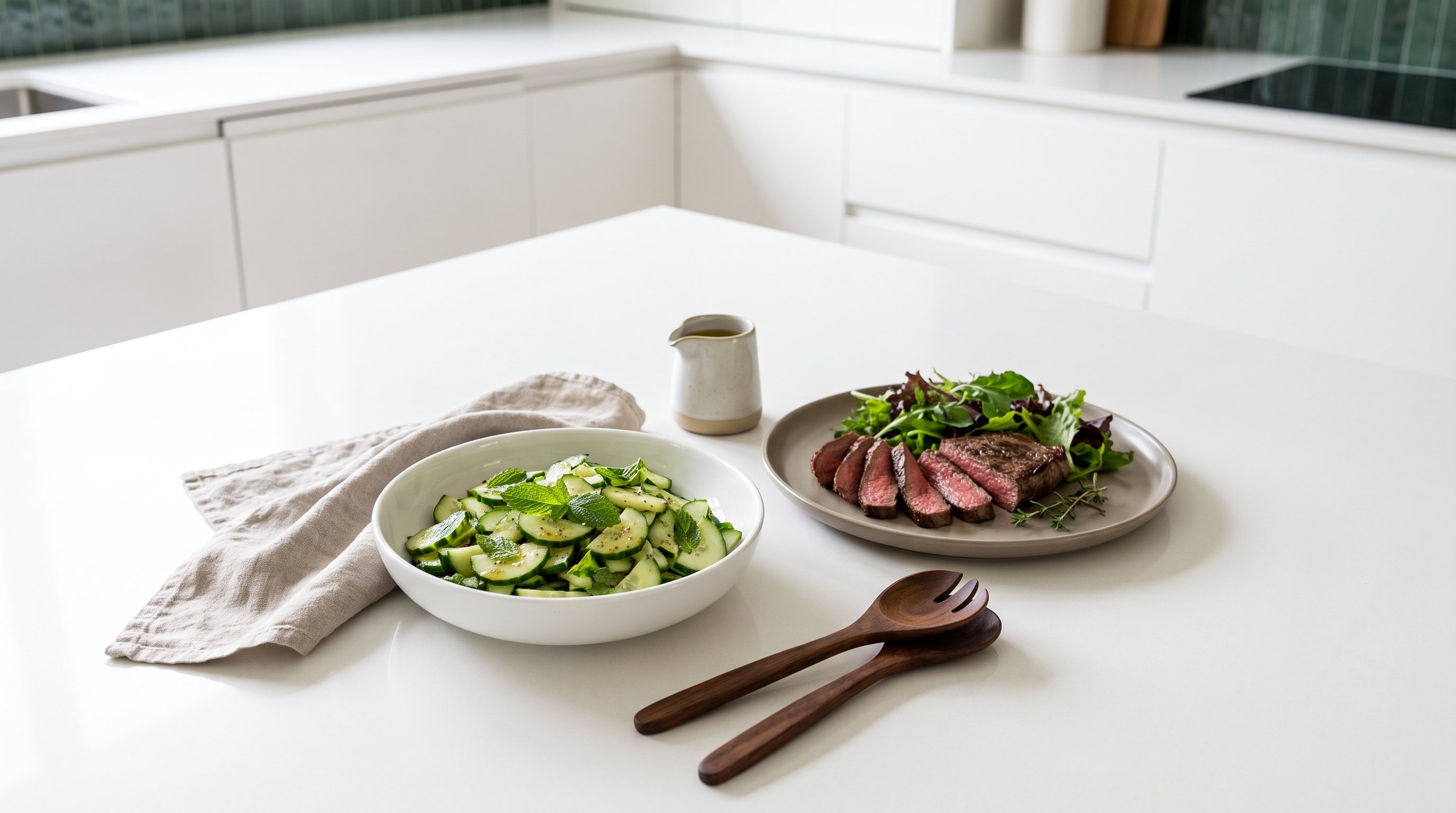 bowl of cucumber mint salad on wooden table