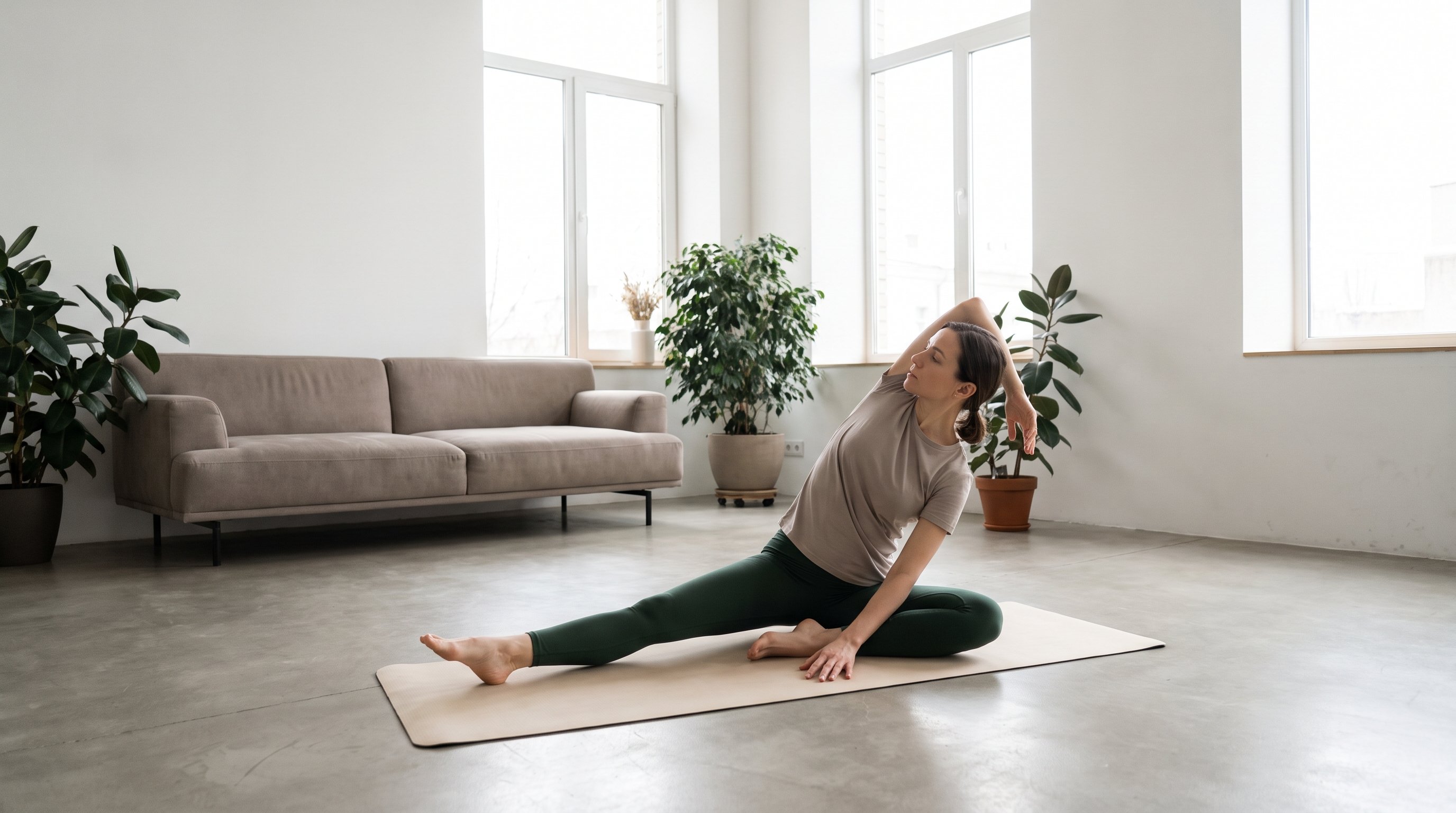 woman stretching on a yoga mat in a bright living room