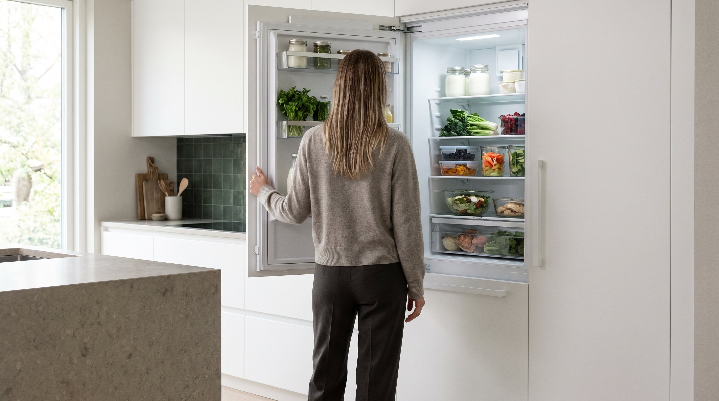 open fridge shelf with yoghurt tubs, vegetables and tinned beans