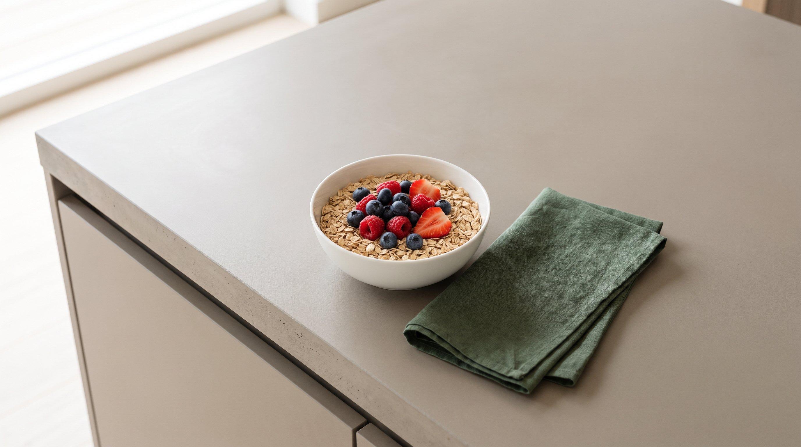 bowl of oats with berries on a kitchen table