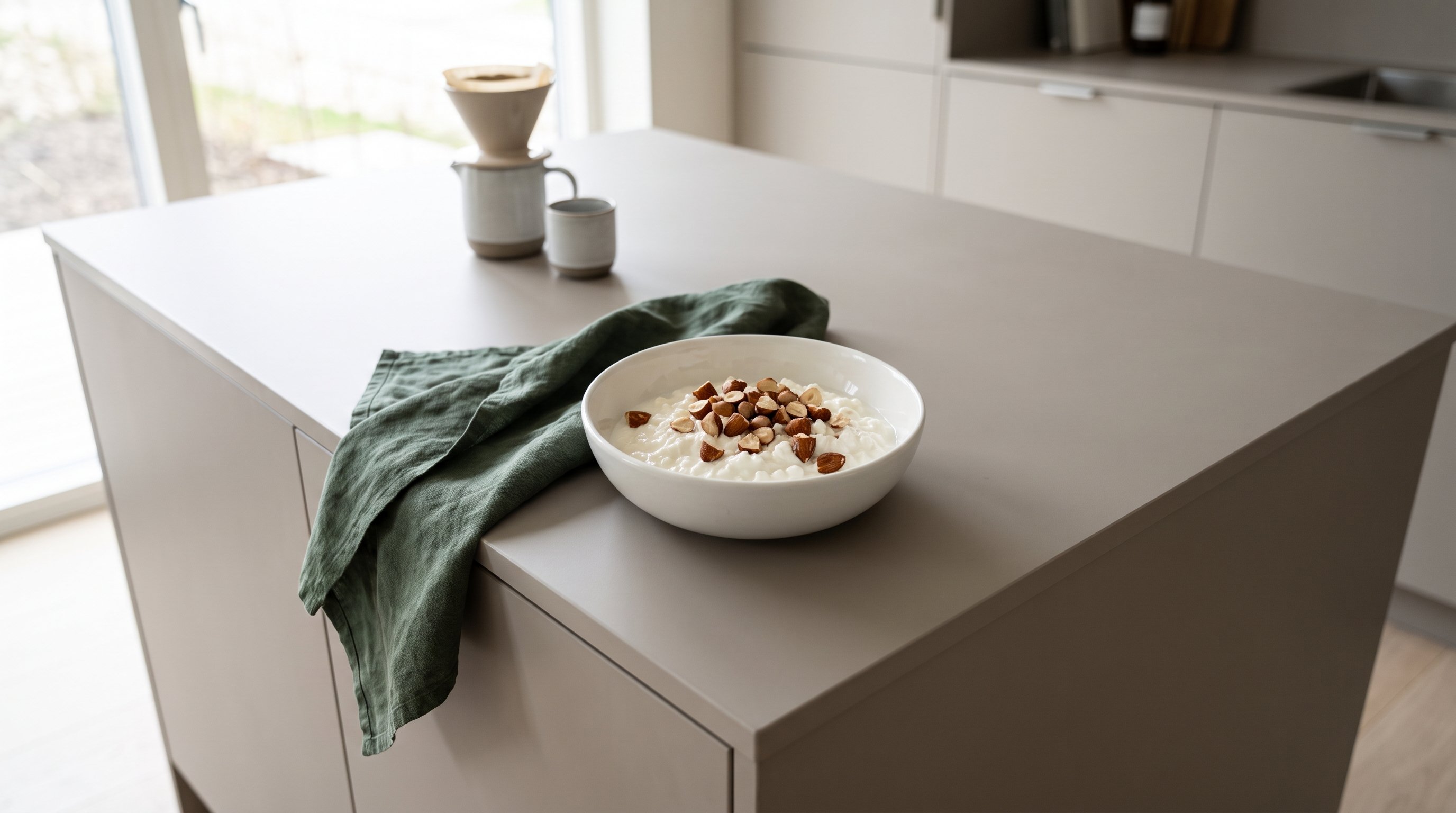 bowl of cottage cheese with almonds on a kitchen counter