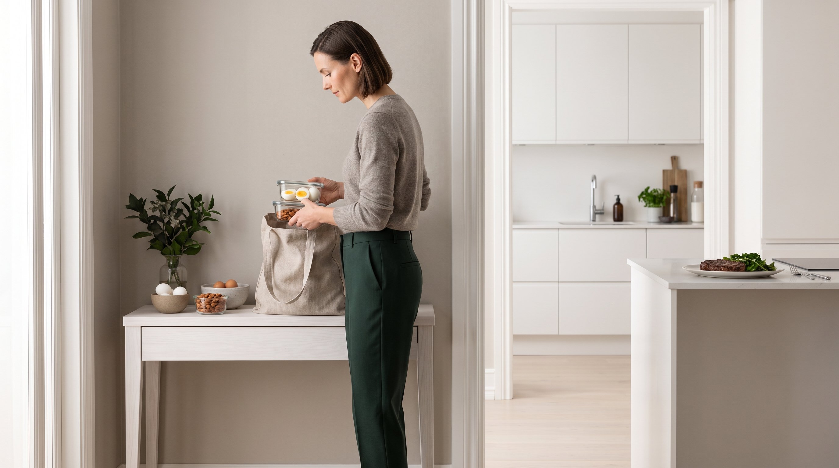 person packing boiled eggs and almonds into a lunch bag at home