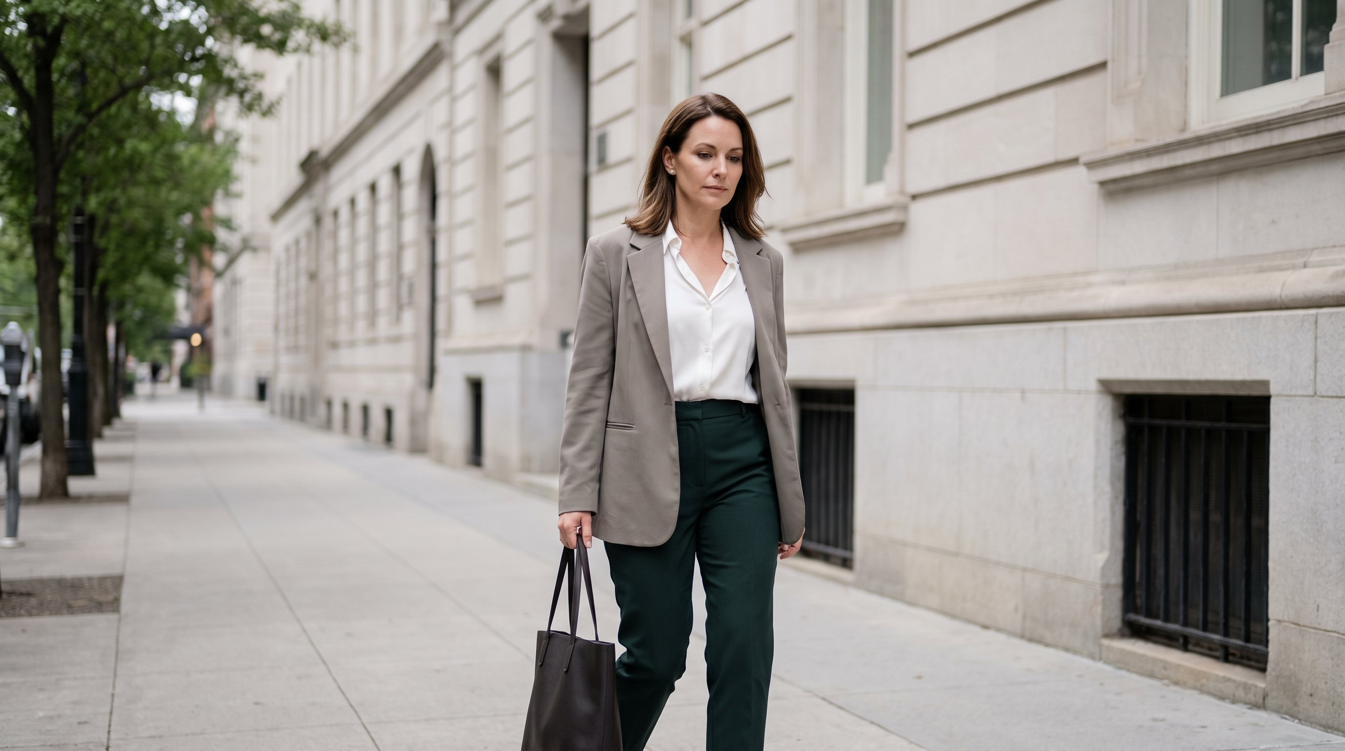 woman walking briskly on a lunch break through a city street
