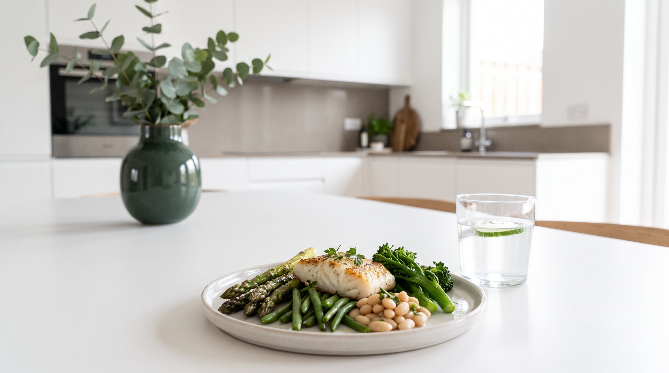 A balanced plate of fish and vegetables on a calm white dining table beside a glass of water