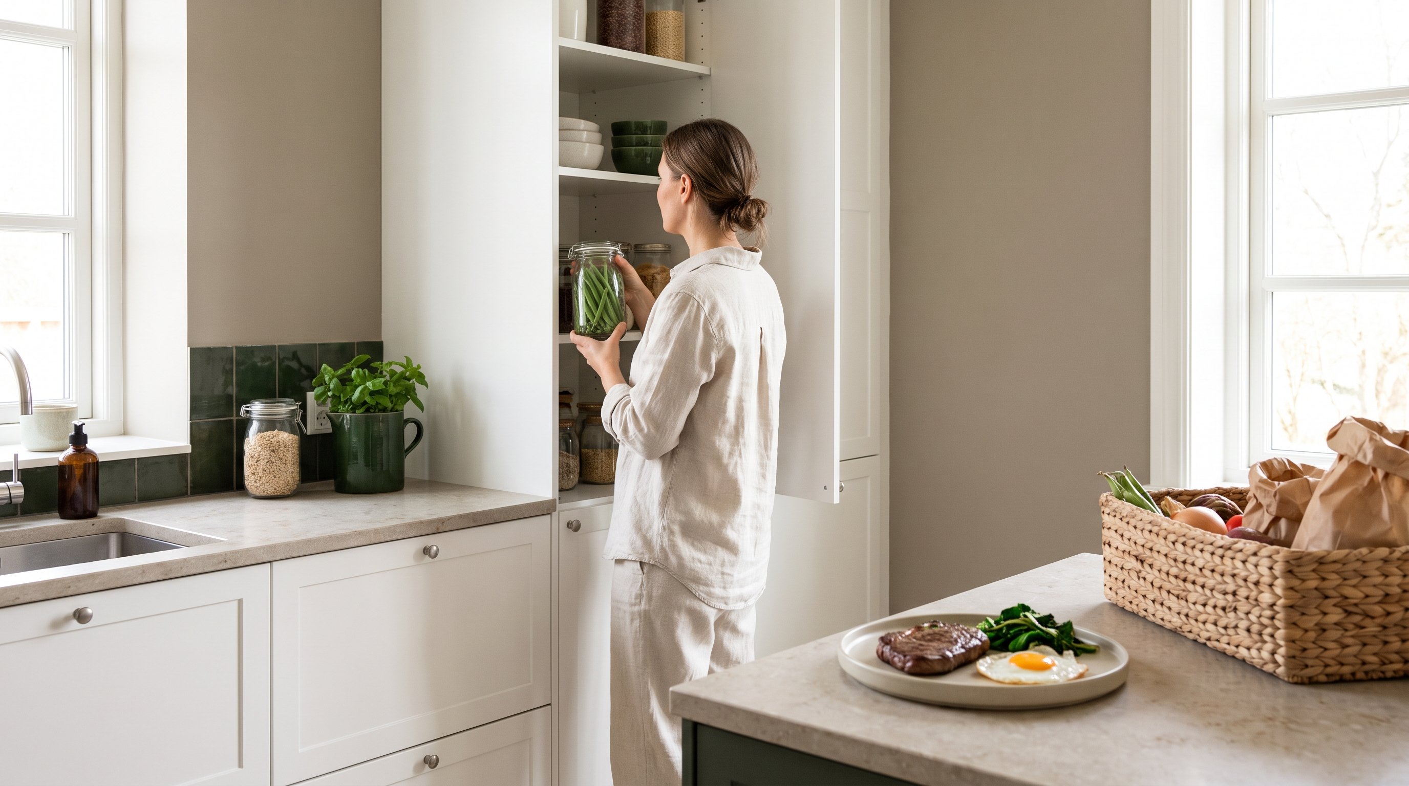 A composed woman in her 40s putting groceries away in a modern uncluttered kitchen
