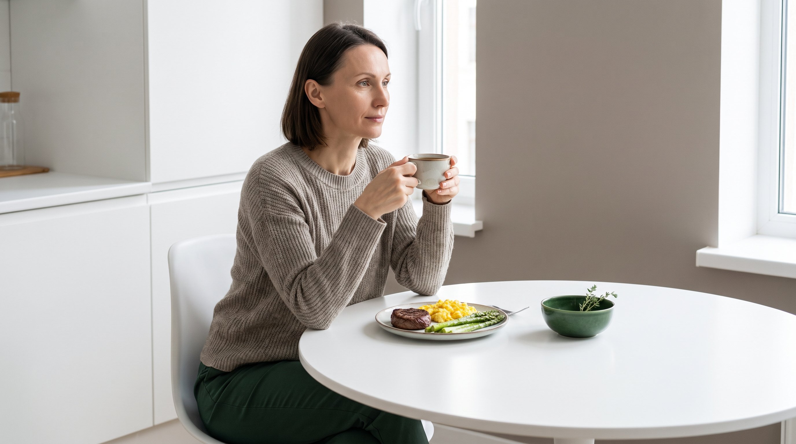A composed woman in her 40s sitting calmly at a calm white dining table with a cup of tea