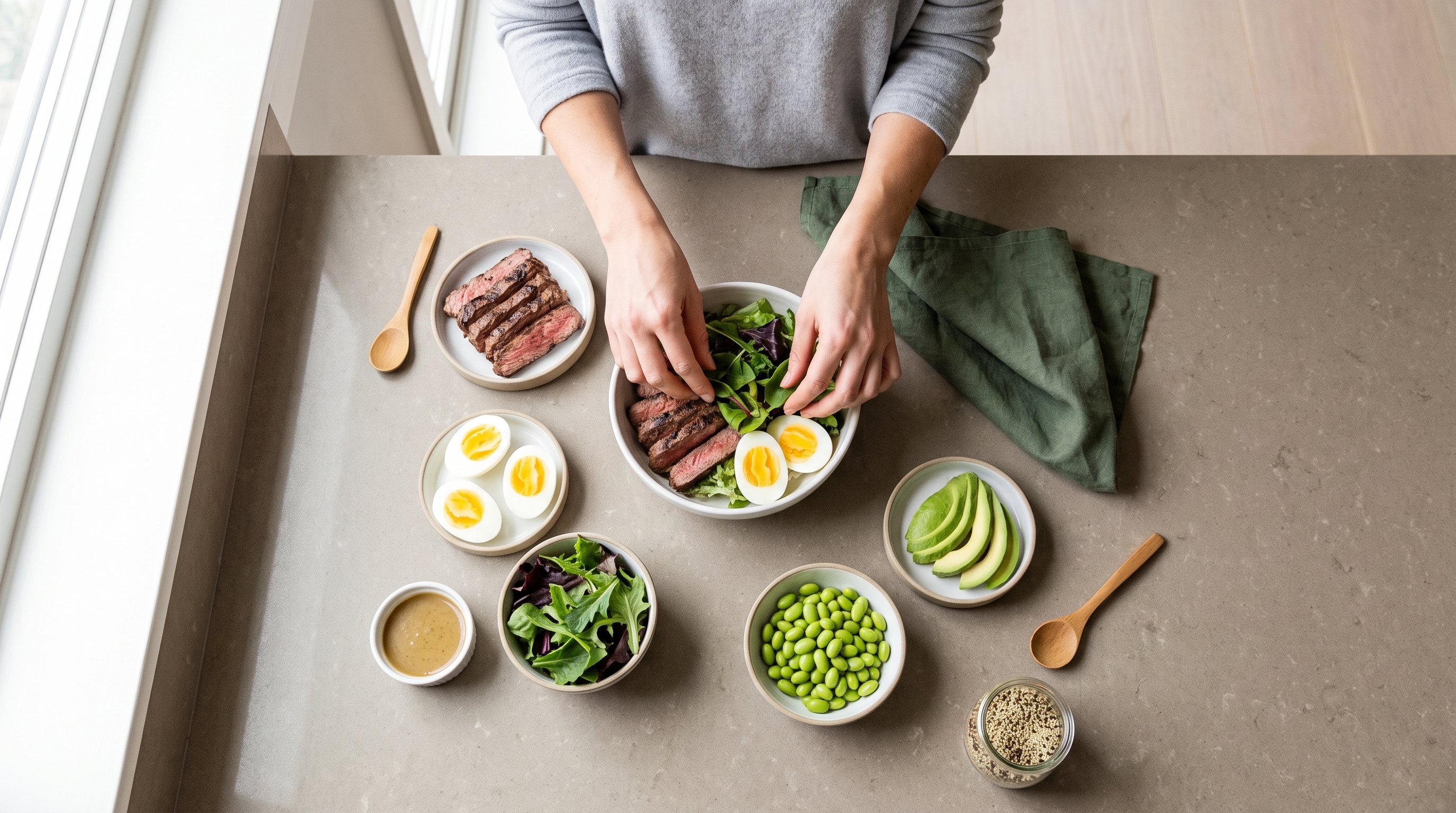 A composed woman in her 40s preparing a lean protein bowl in a modern uncluttered kitchen