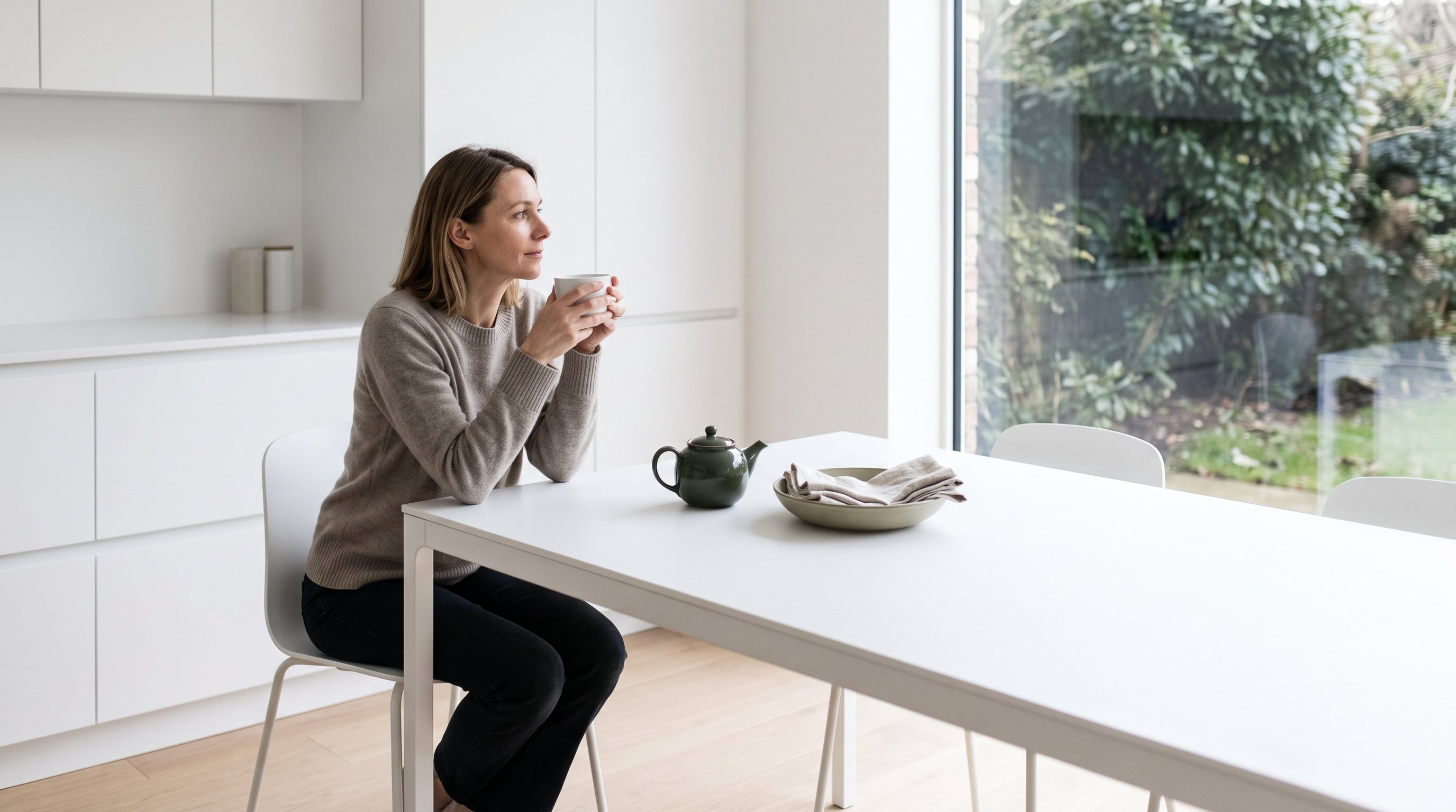 A composed woman in her 40s sitting at a calm white dining table with a cup of tea
