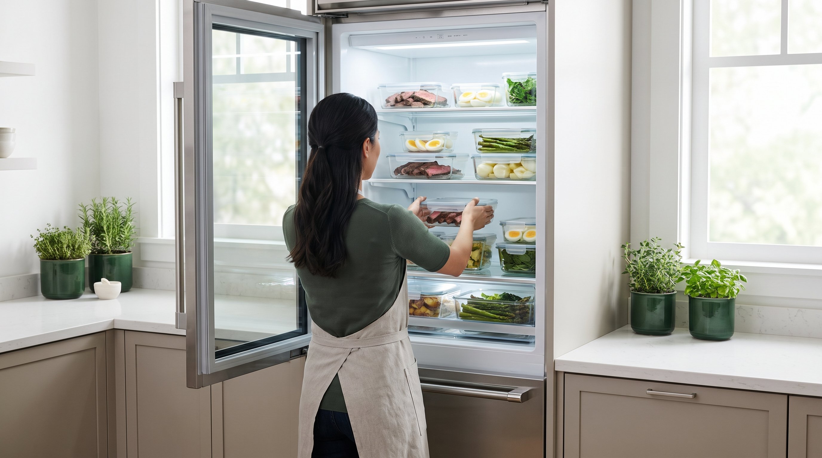 person packing labelled meal containers into a fridge shelf