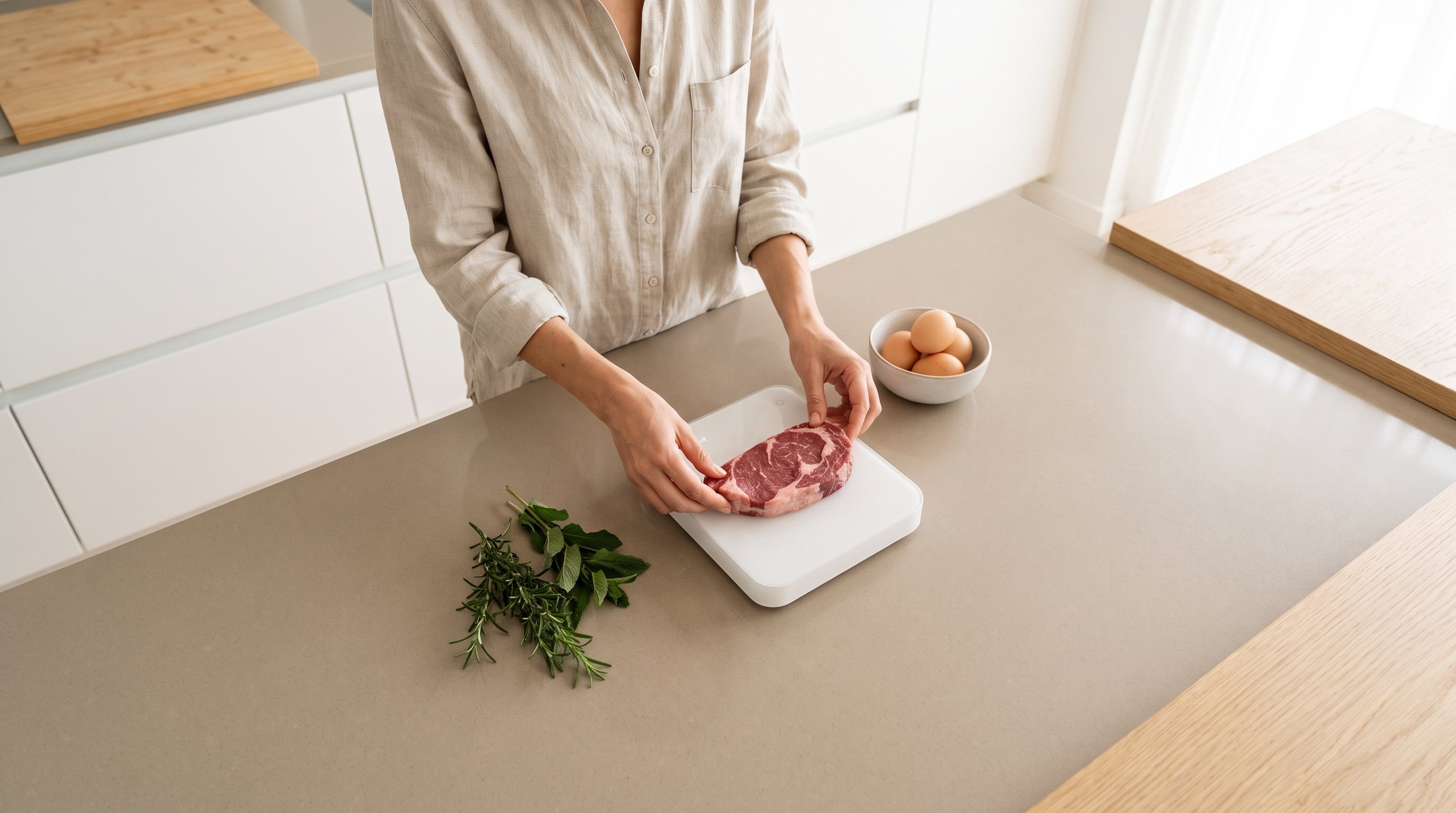 woman weighing pasta on a kitchen scale before cooking